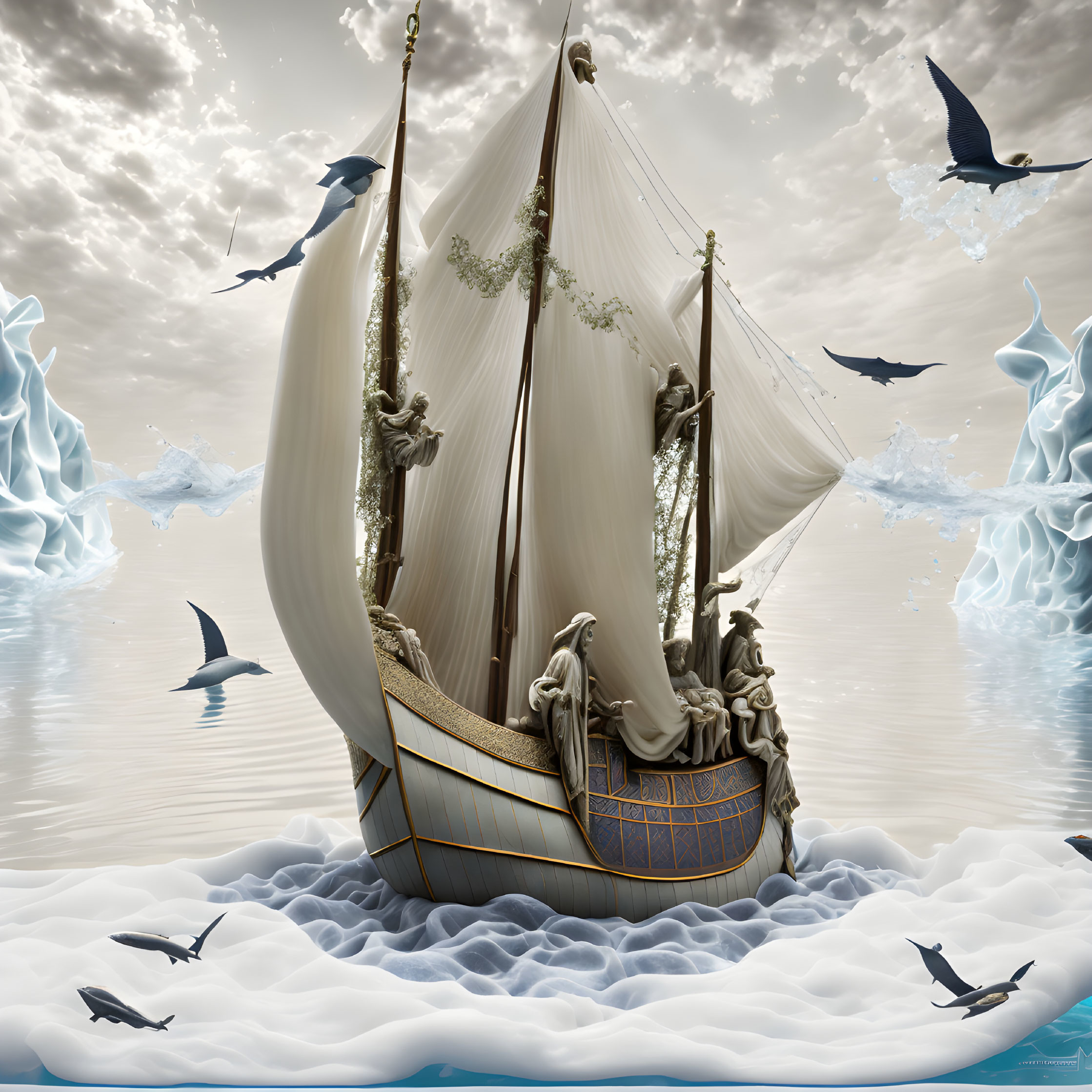 Fantasy ship with intricate designs and sails in surreal icy landscape