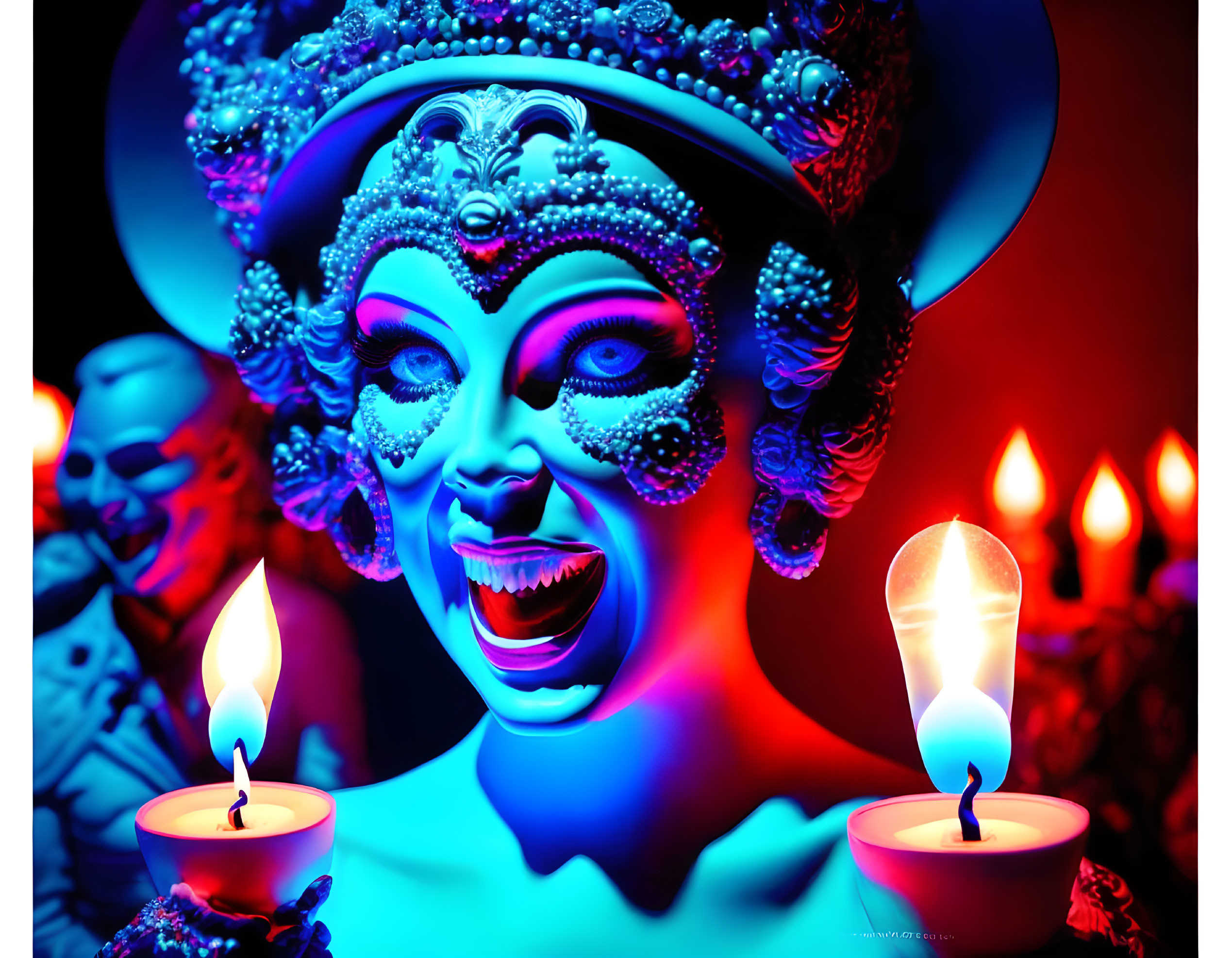 Colorful Dia de los Muertos skull makeup with candles in red and blue.