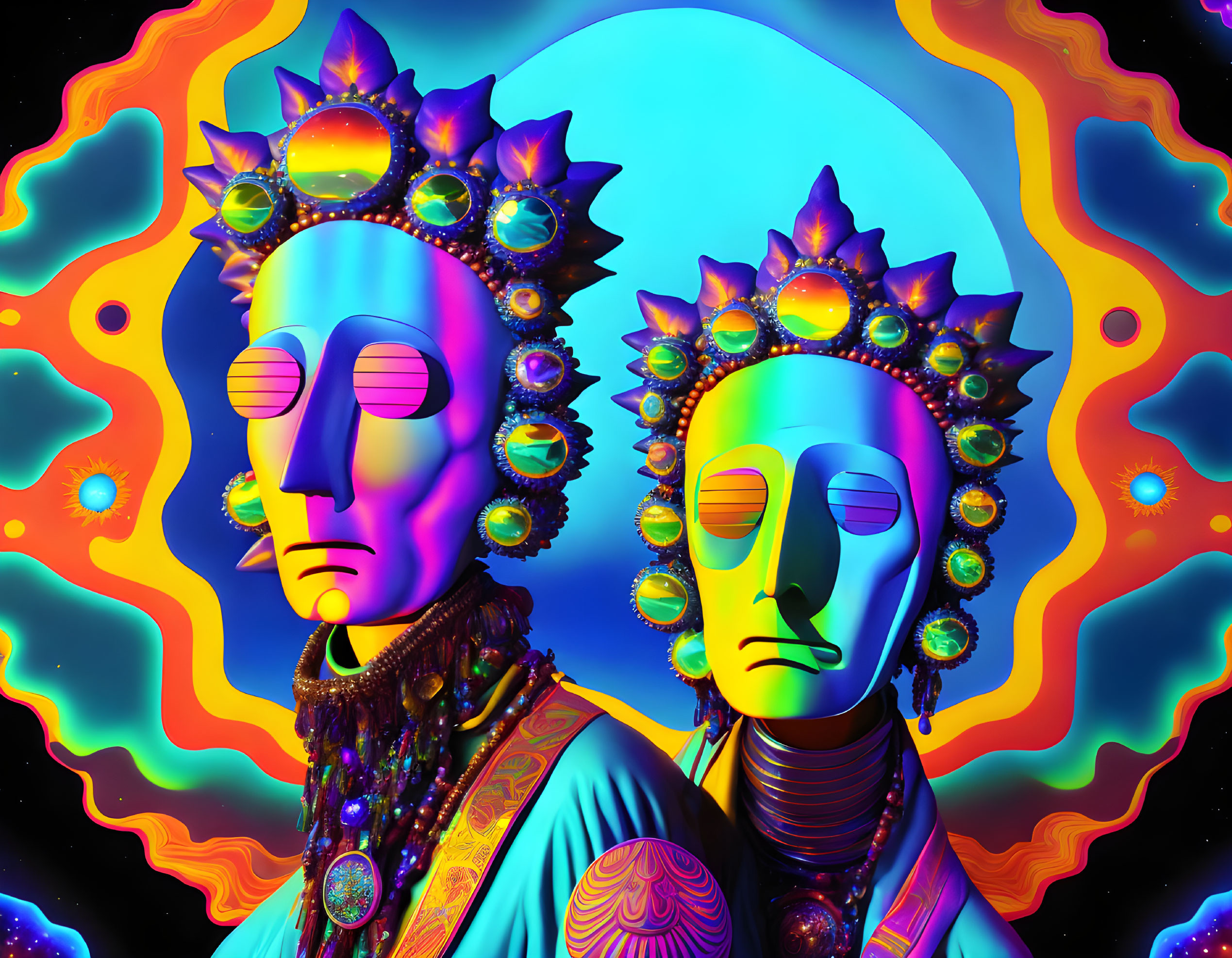 Colorful Psychedelic Art: Two Figures in Ornate Headpieces and Sunglasses