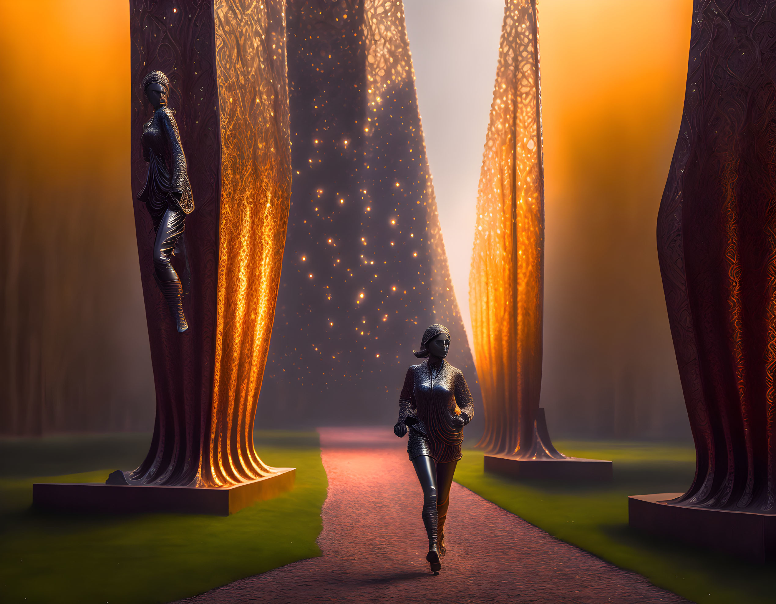 Person running between tall, ornate columns under starry sky with golden haze.