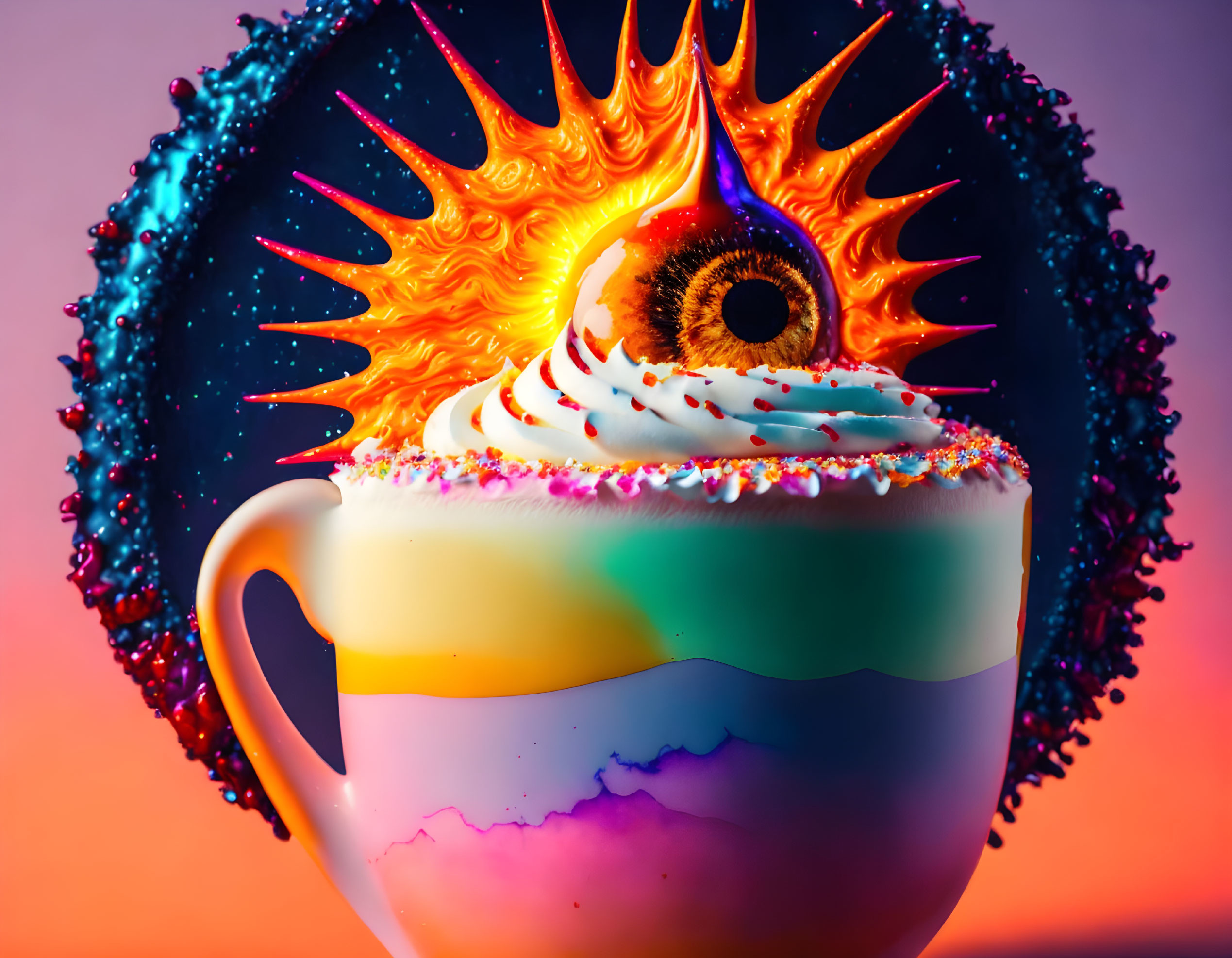 Colorful Cup with Whipped Cream and Sprinkles on Vibrant Eye Sunburst Background