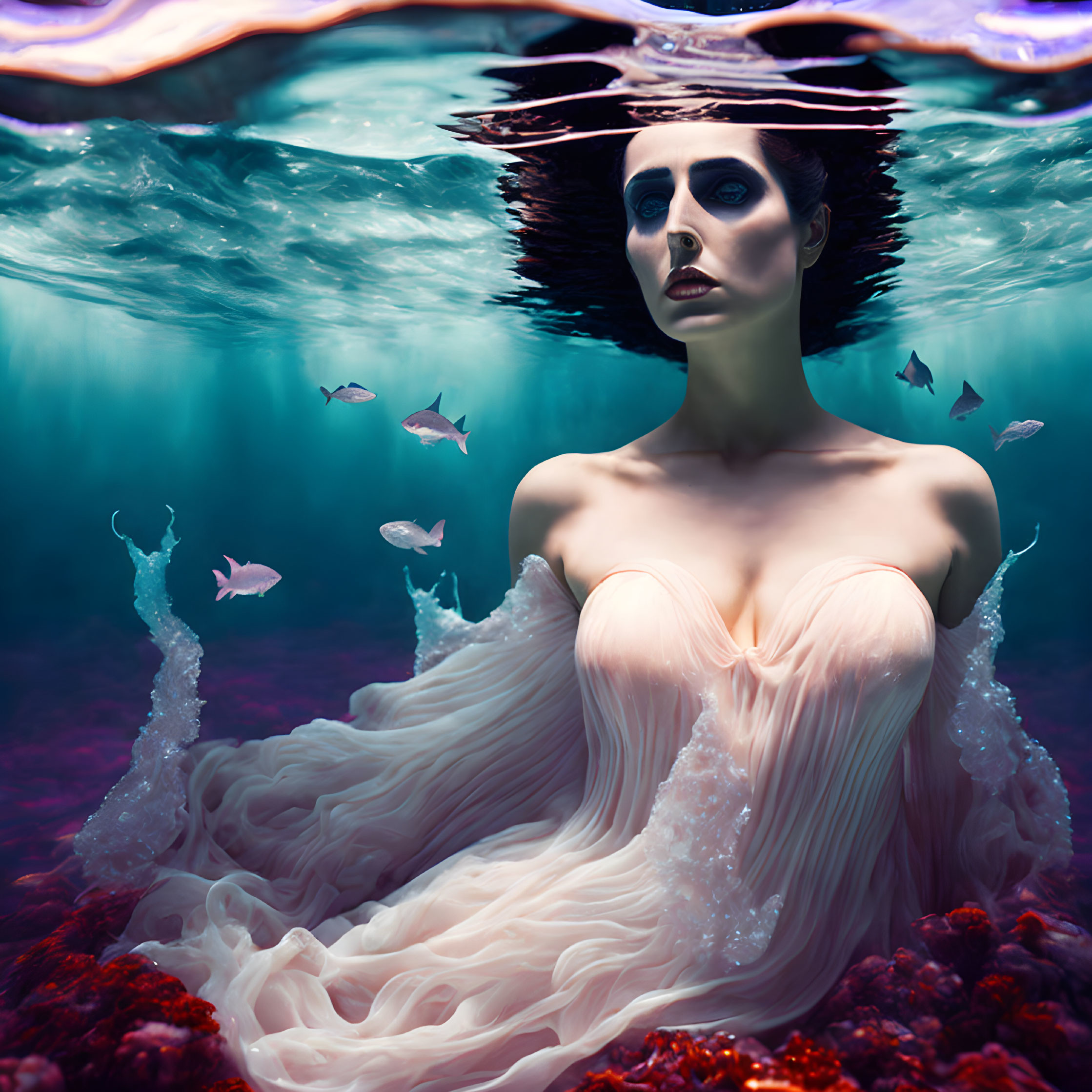 Woman in flowing gown underwater with fishes and reflection.