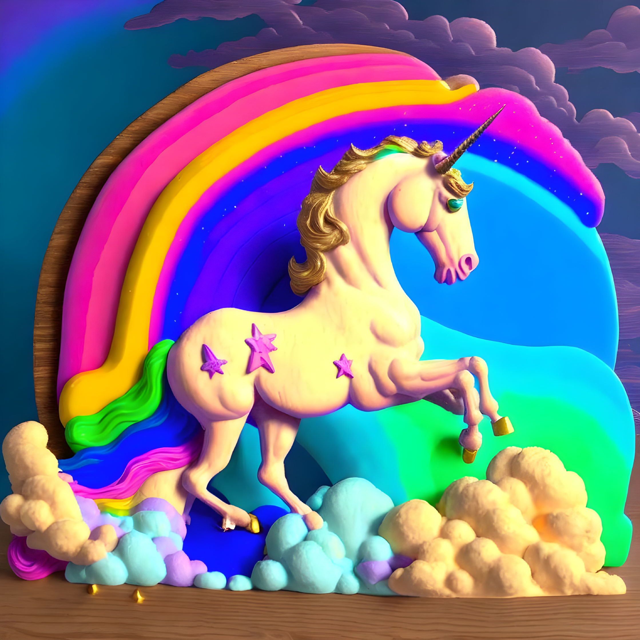 Colorful 3D unicorn illustration with rainbow mane and purple stars, prancing on clouds under twilight