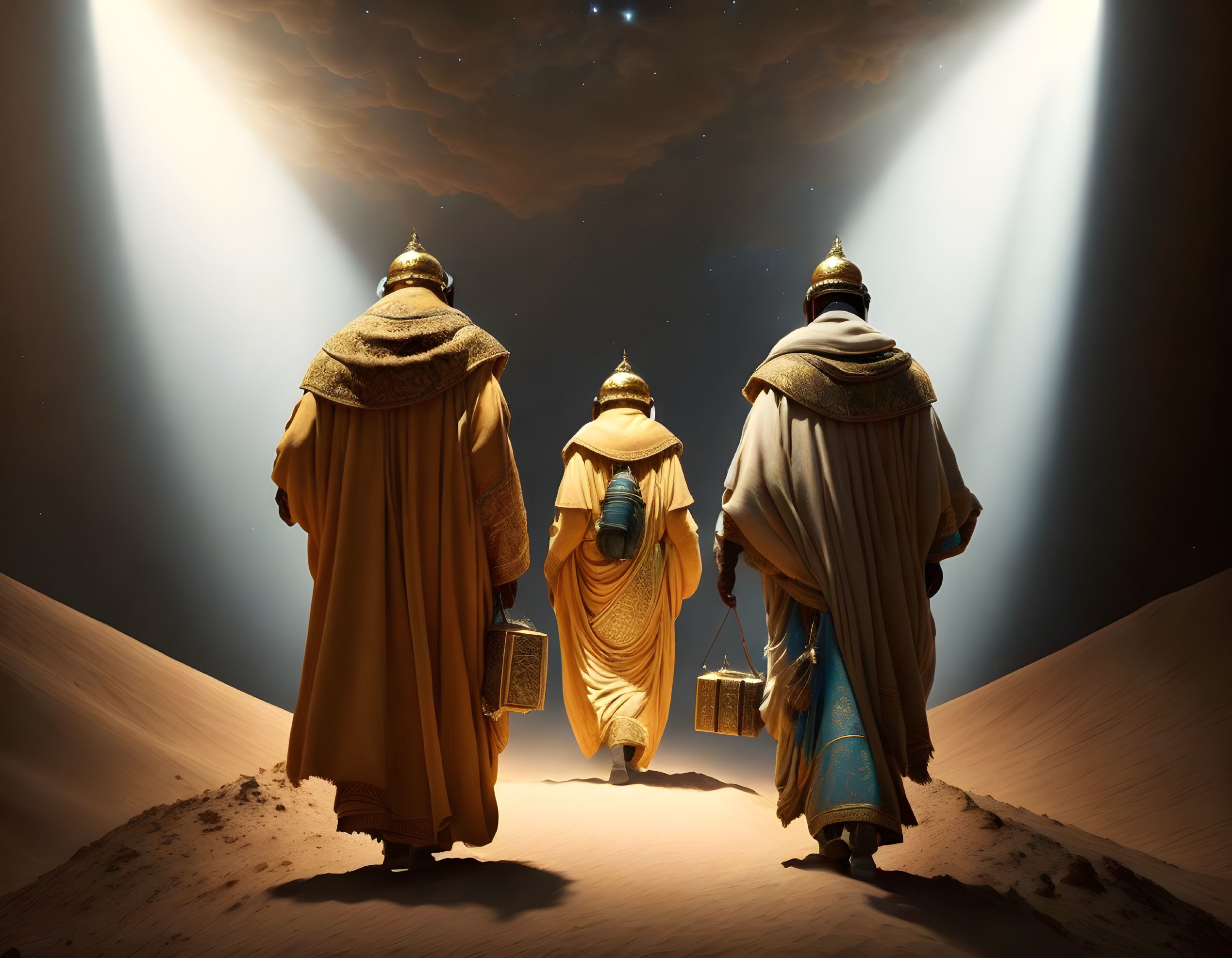 Three individuals in regal ancient attire carrying chests, traverse a starlit desert night.