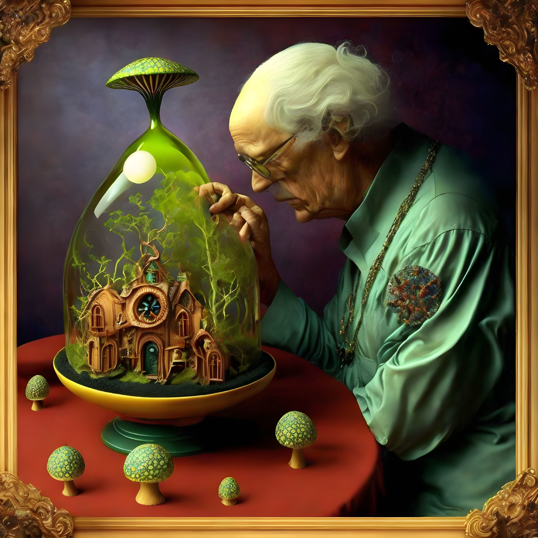 Elderly man viewing whimsical terrarium with house and trees