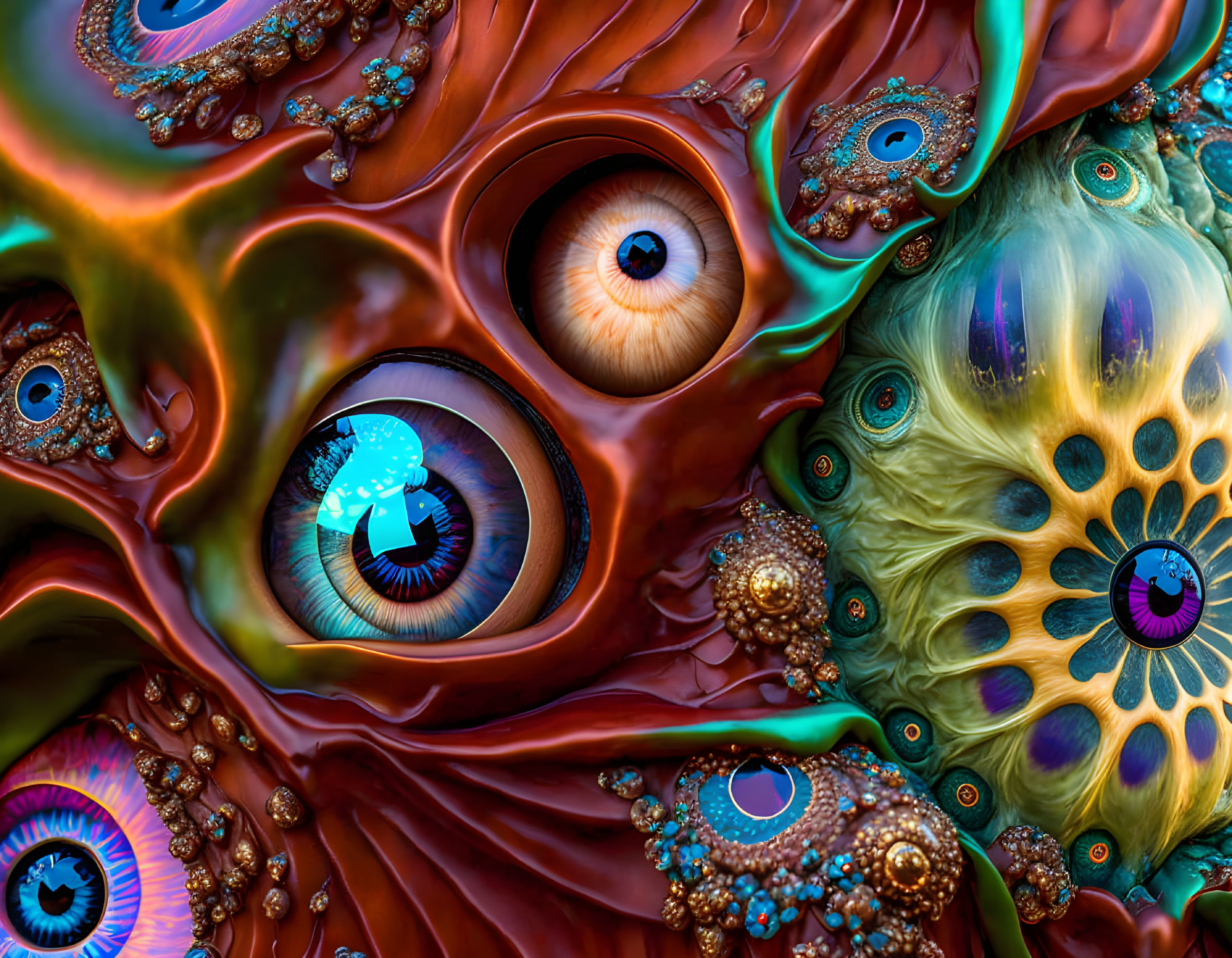 Surreal digital art: multiple eyes with intricate iris patterns