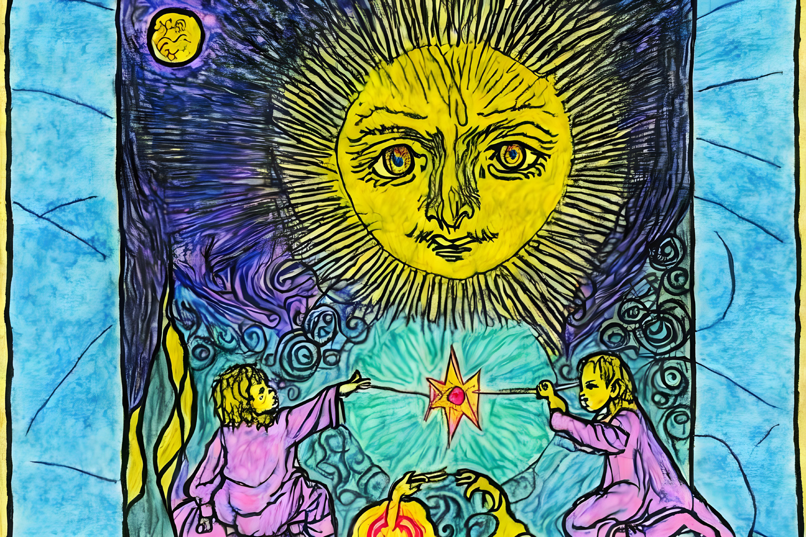 Vibrant stained-glass art: sun, cherubs, celestial bodies on blue.