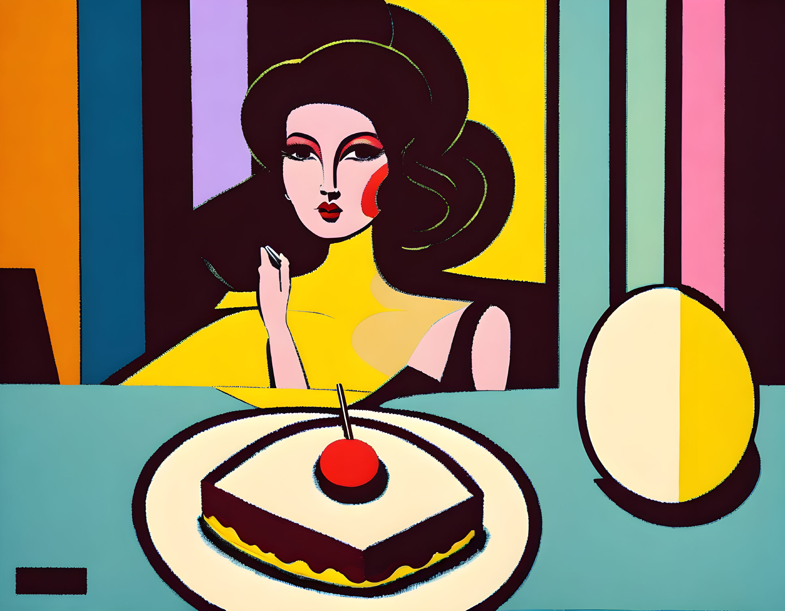 Geometric woman portrait with cherry cake in bold colors