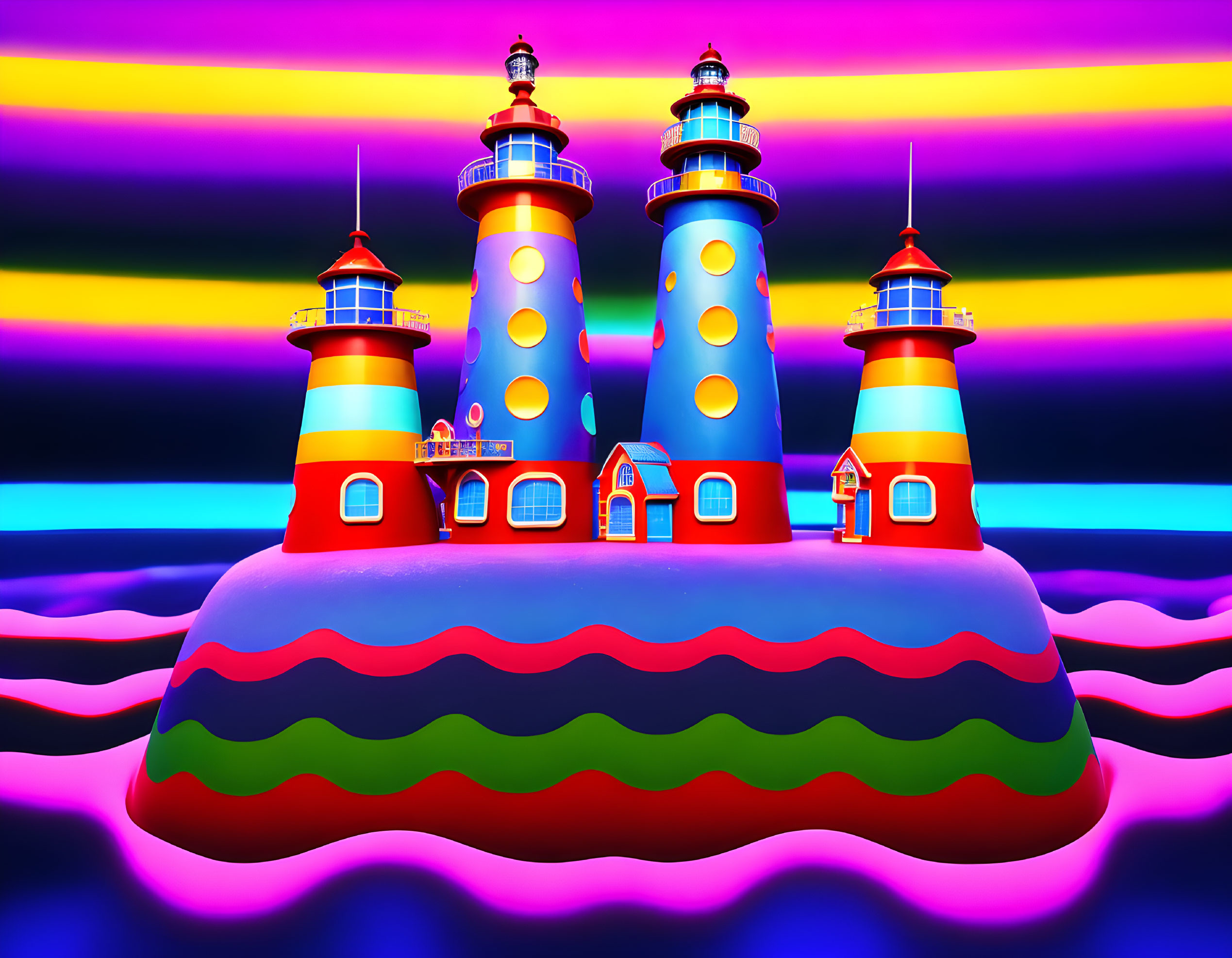 Colorful digital artwork: Whimsical lighthouses on polka dot island