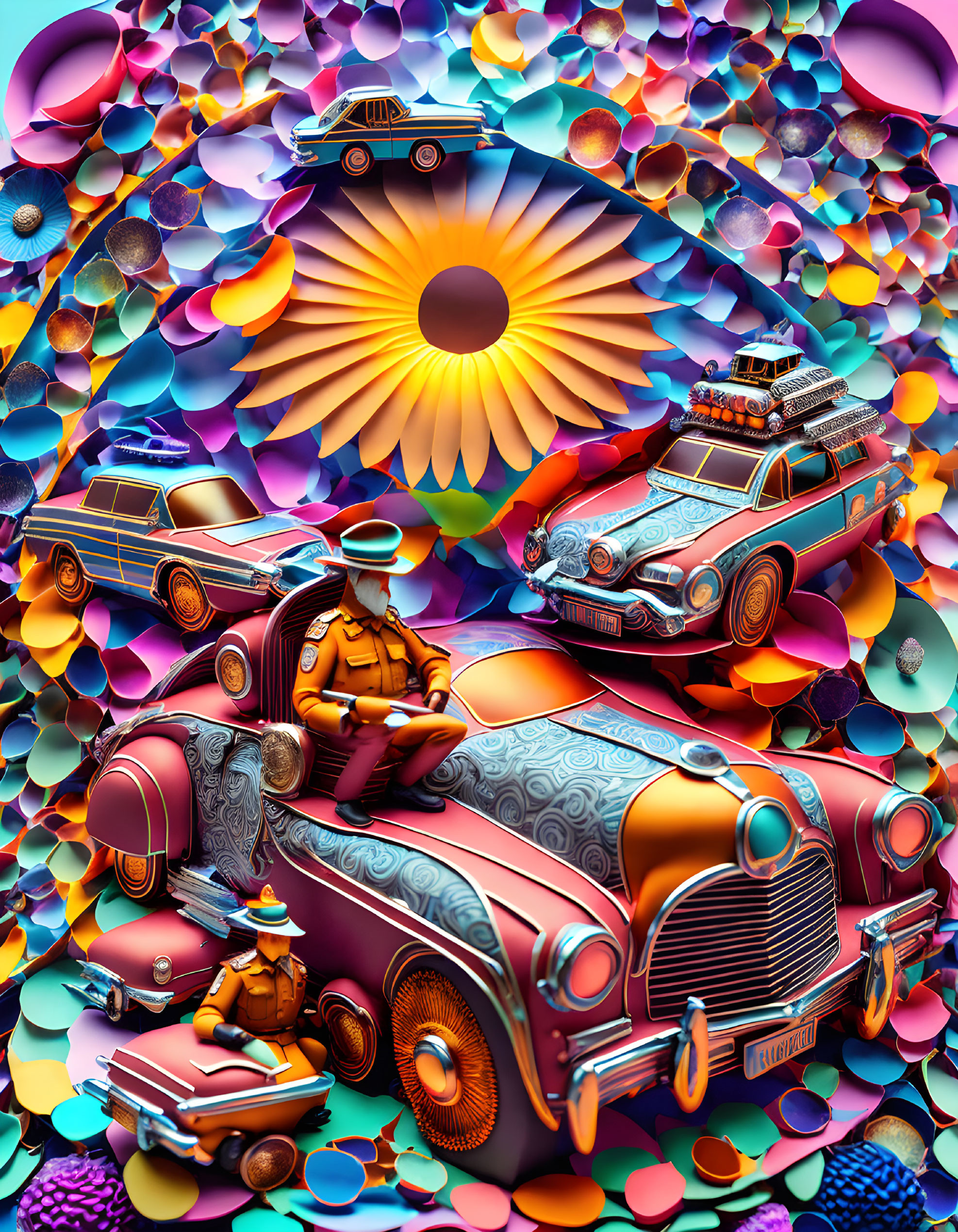 Colorful illustration of ornate vehicles and stylized characters in dynamic poses with psychedelic patterns and radiant sun