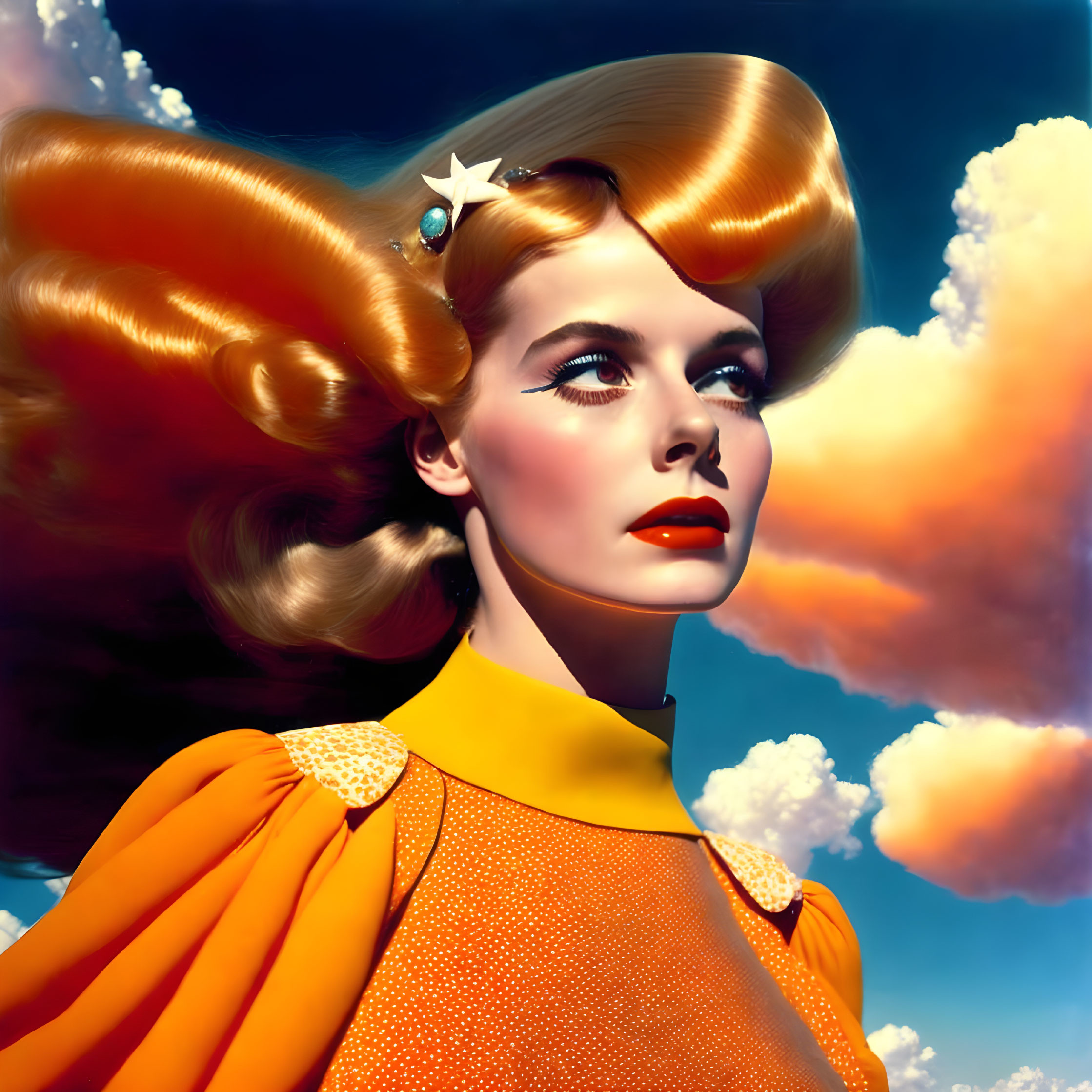 Exaggerated golden hair and red lipstick on stylized woman against cloudy sky