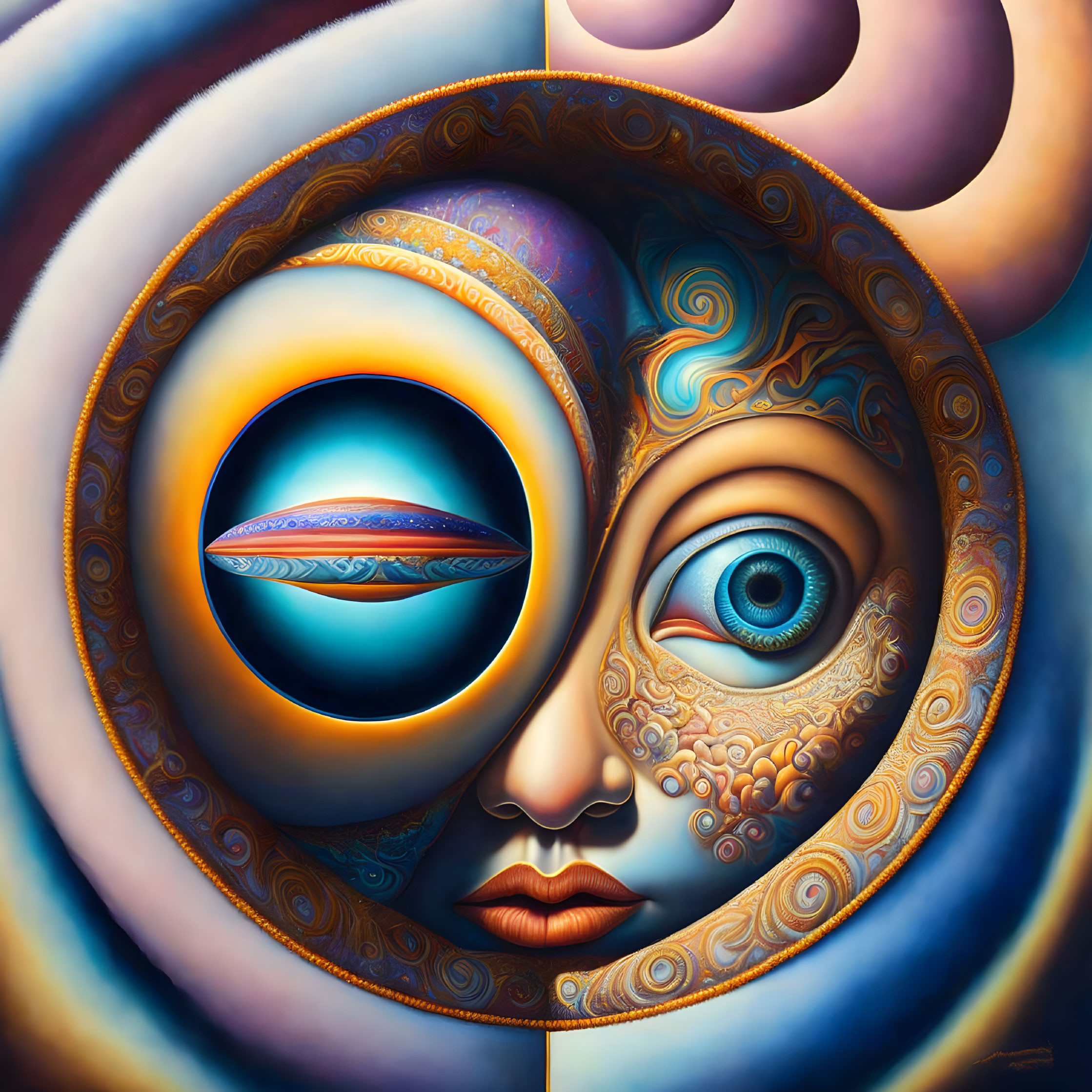 Surrealist painting with amalgamation of facial features and intricate patterns
