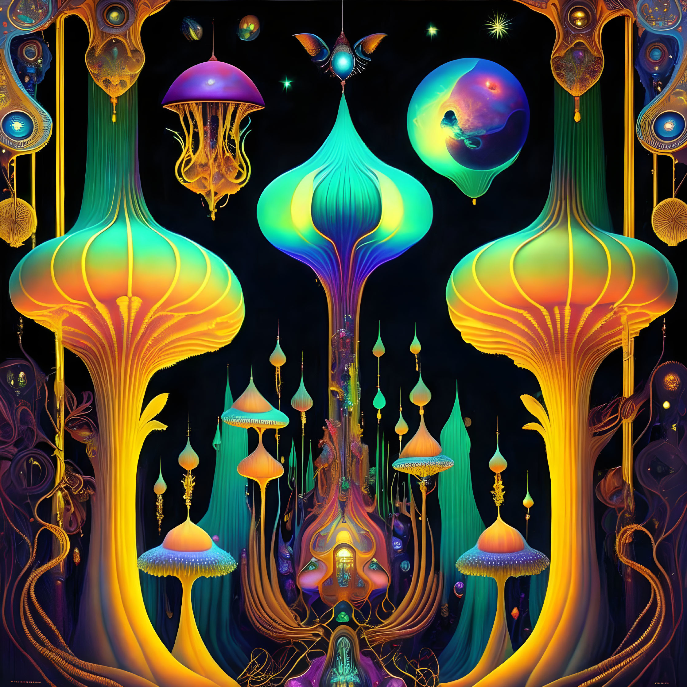 Colorful psychedelic art with jellyfish, celestial bodies, and humanoid face