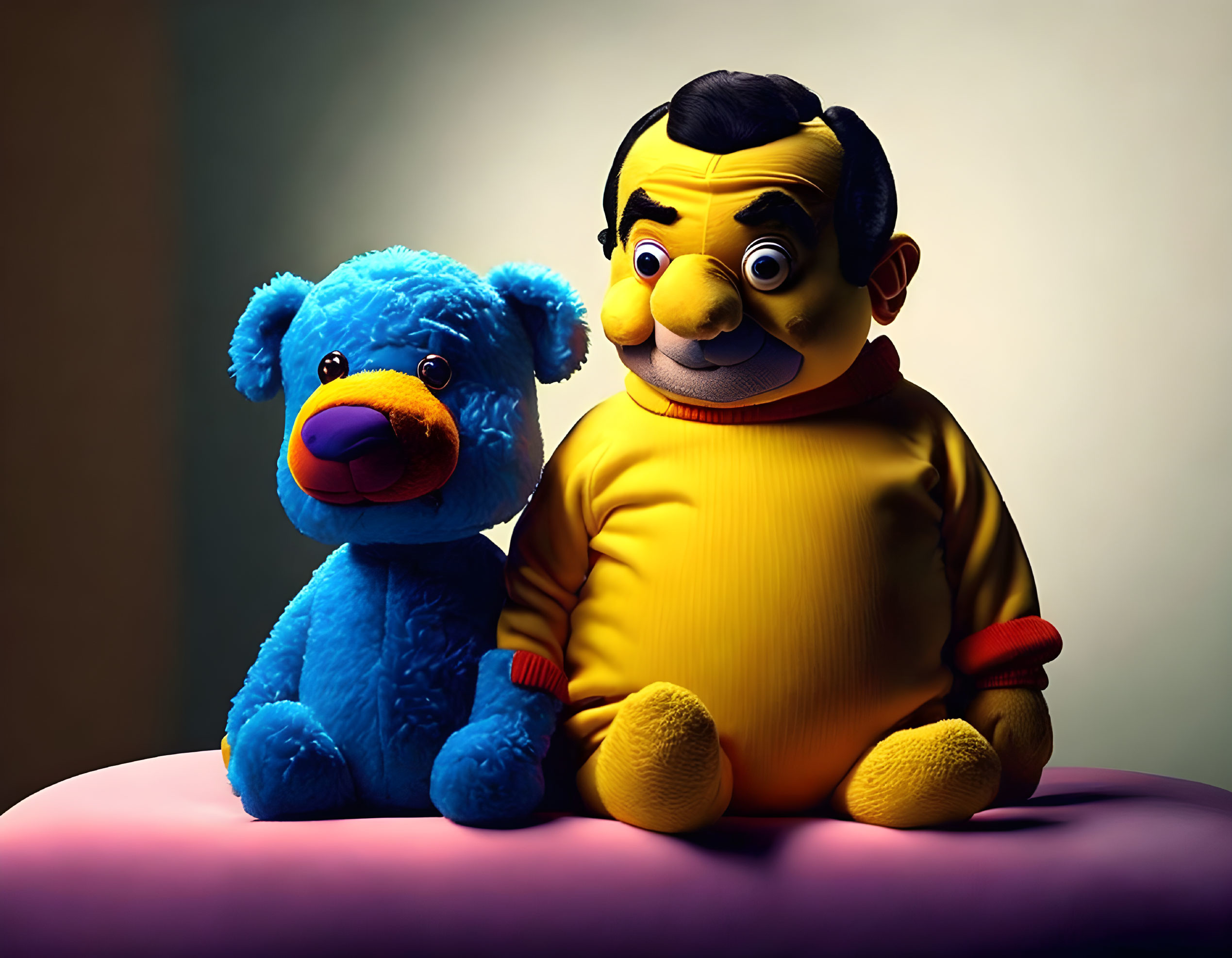 Blue Teddy Bear and Yellow Sweater Male Figure Sitting Together