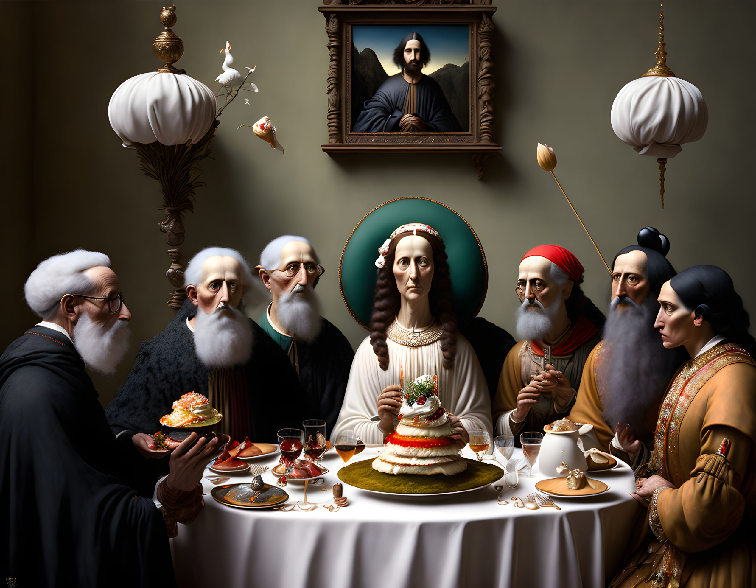 Eclectic historical outfits at a modern Last Supper table