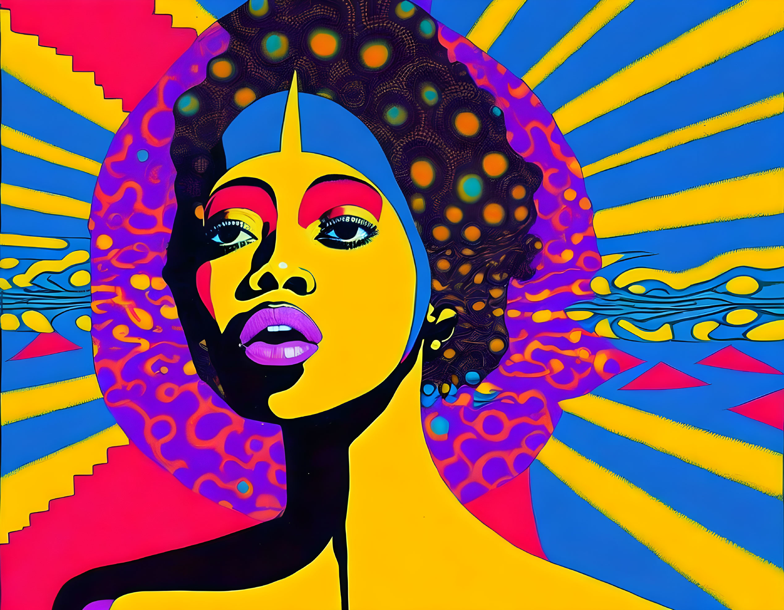 Colorful Pop Art Style Image: Woman with Afro on Psychedelic Background