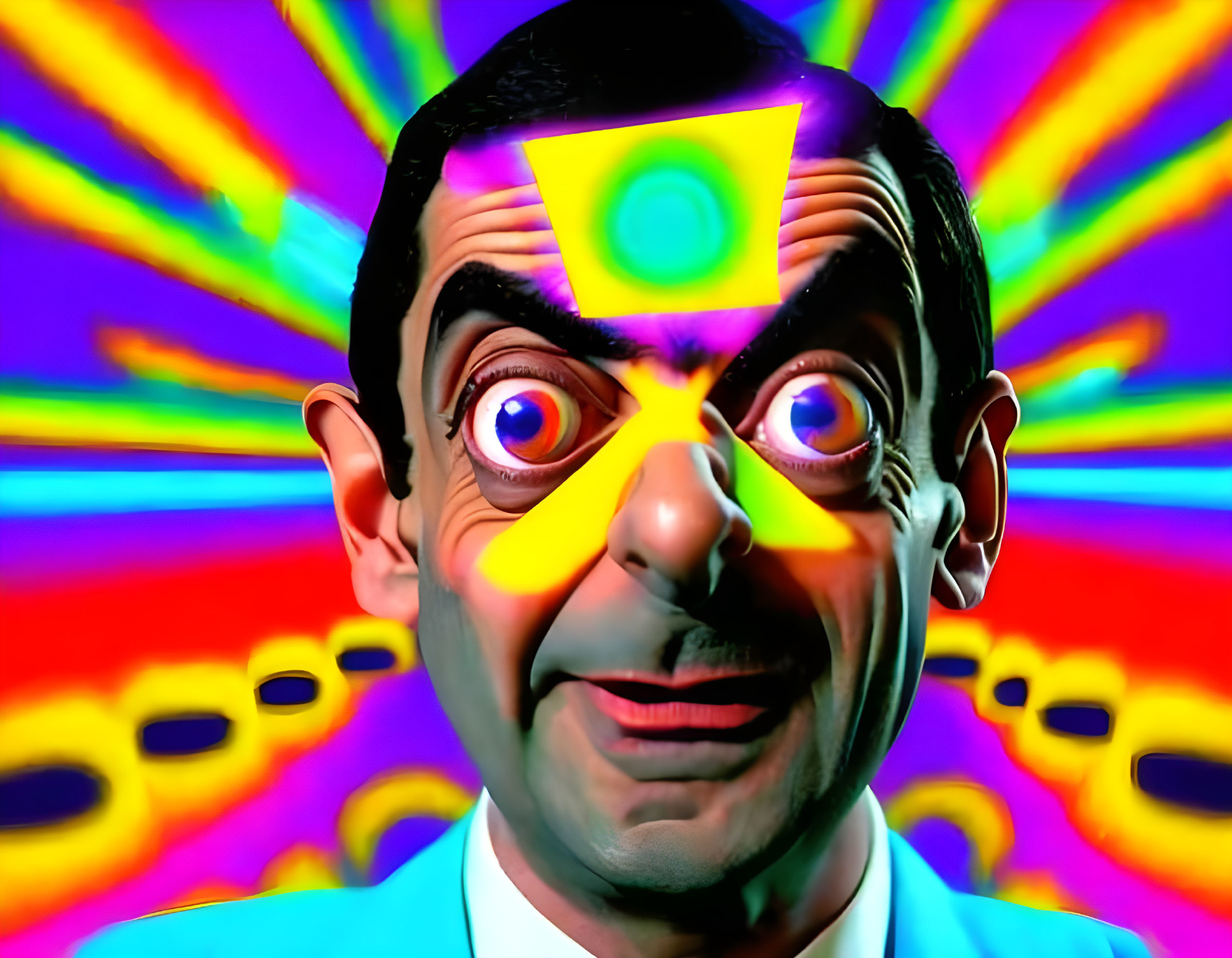 Exaggerated facial features on man in colorful, psychedelic setting