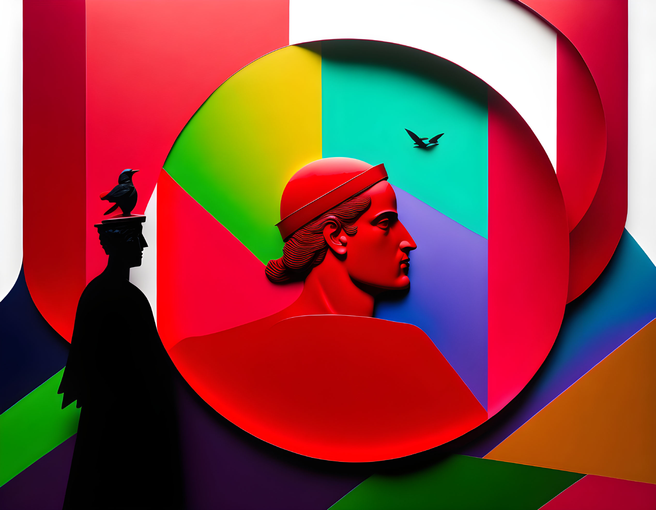 Colorful digital artwork: silhouetted figure, bird, abstract background, modern classical bust