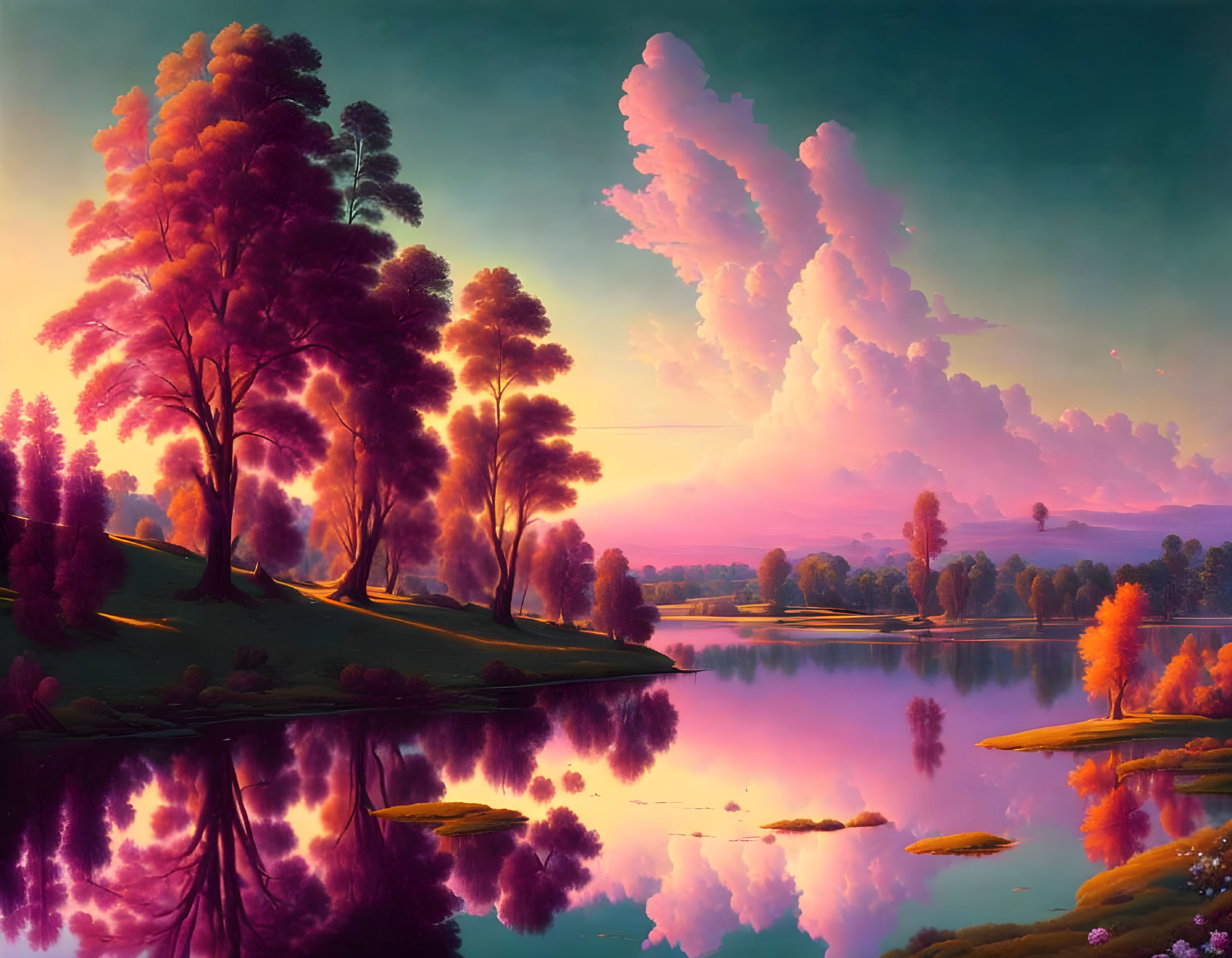 Tranquil sunset scene: pink and orange hues, calm lake, lush trees.