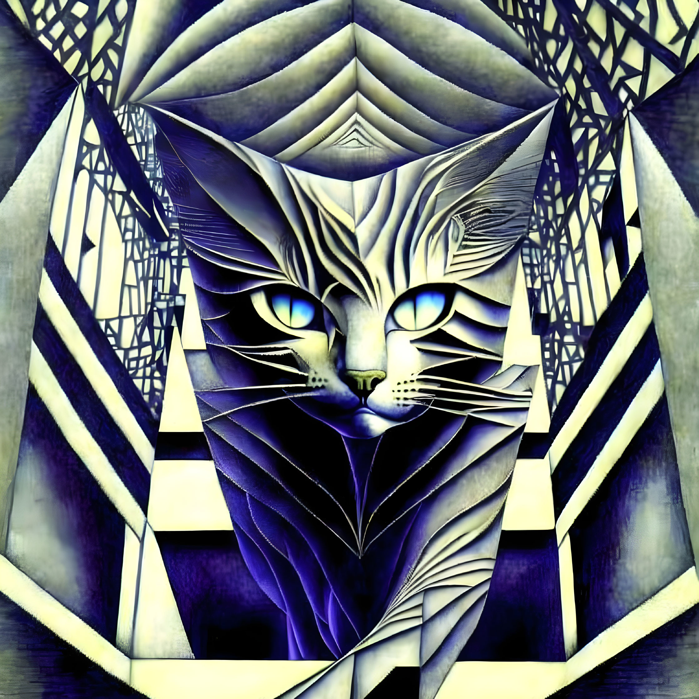 Blue and white cat with geometric patterns and blue eyes on abstract background