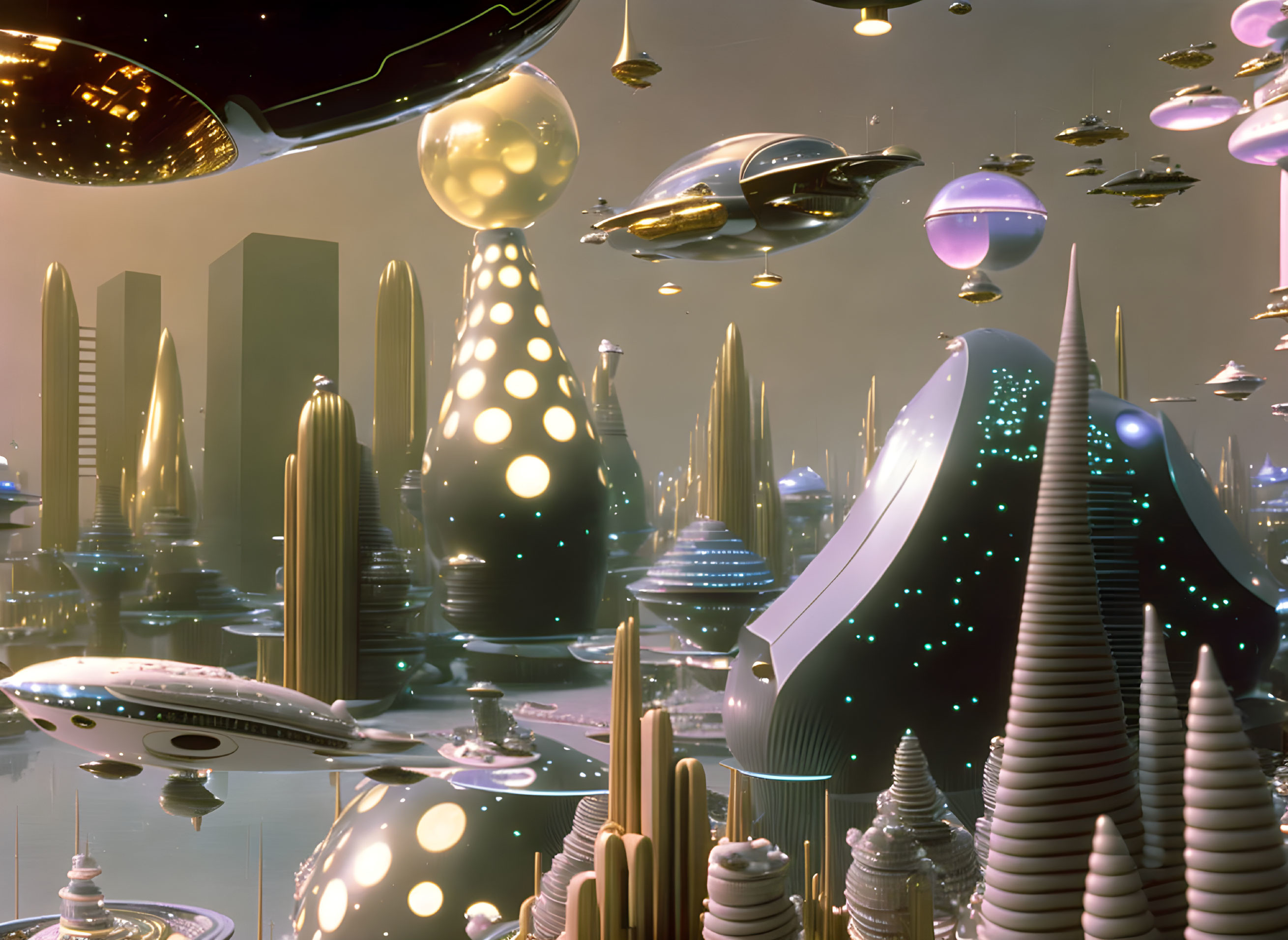 Futuristic cityscape with flying vehicles and illuminated towers