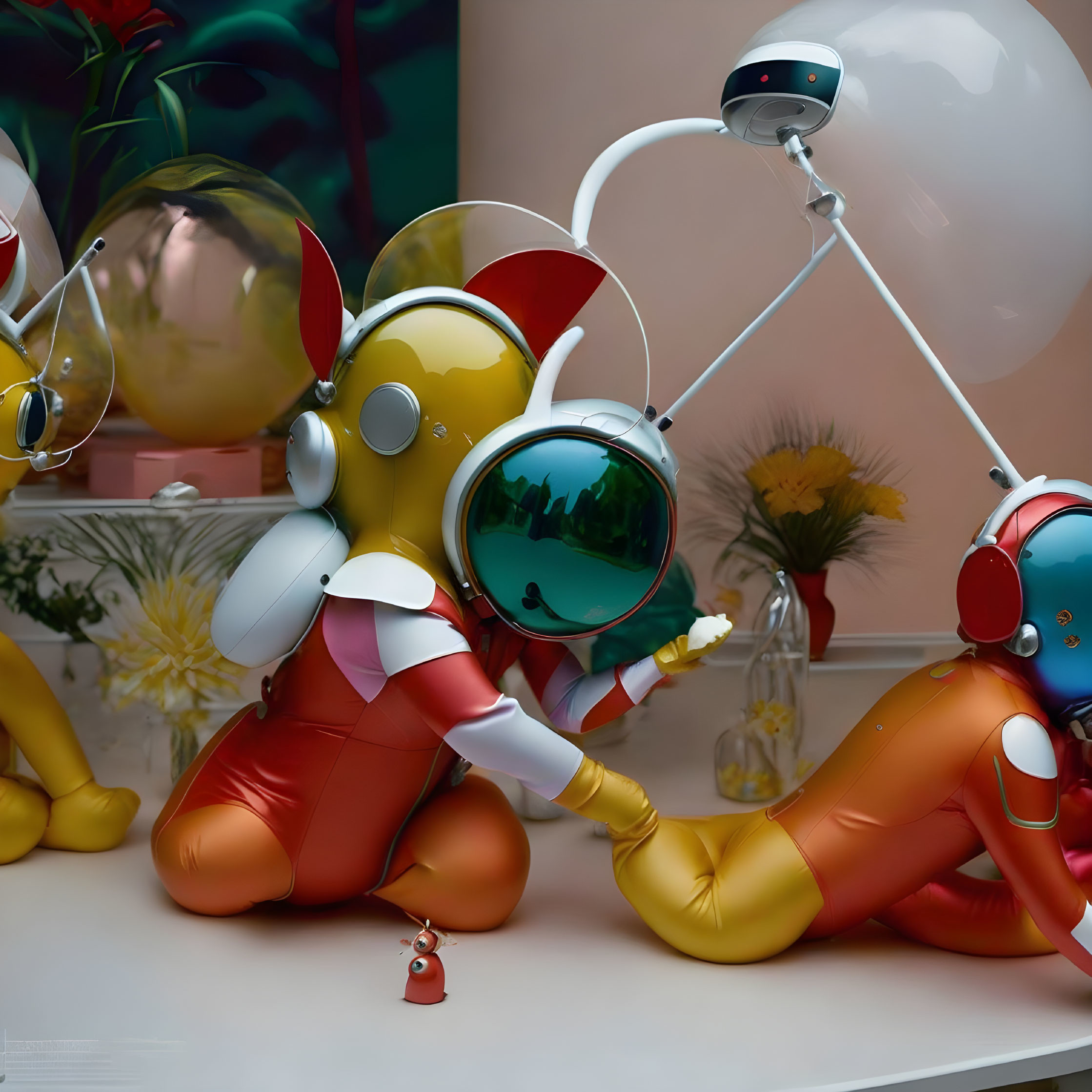 Three stylized animated characters in astronaut-like suits by a window with bell