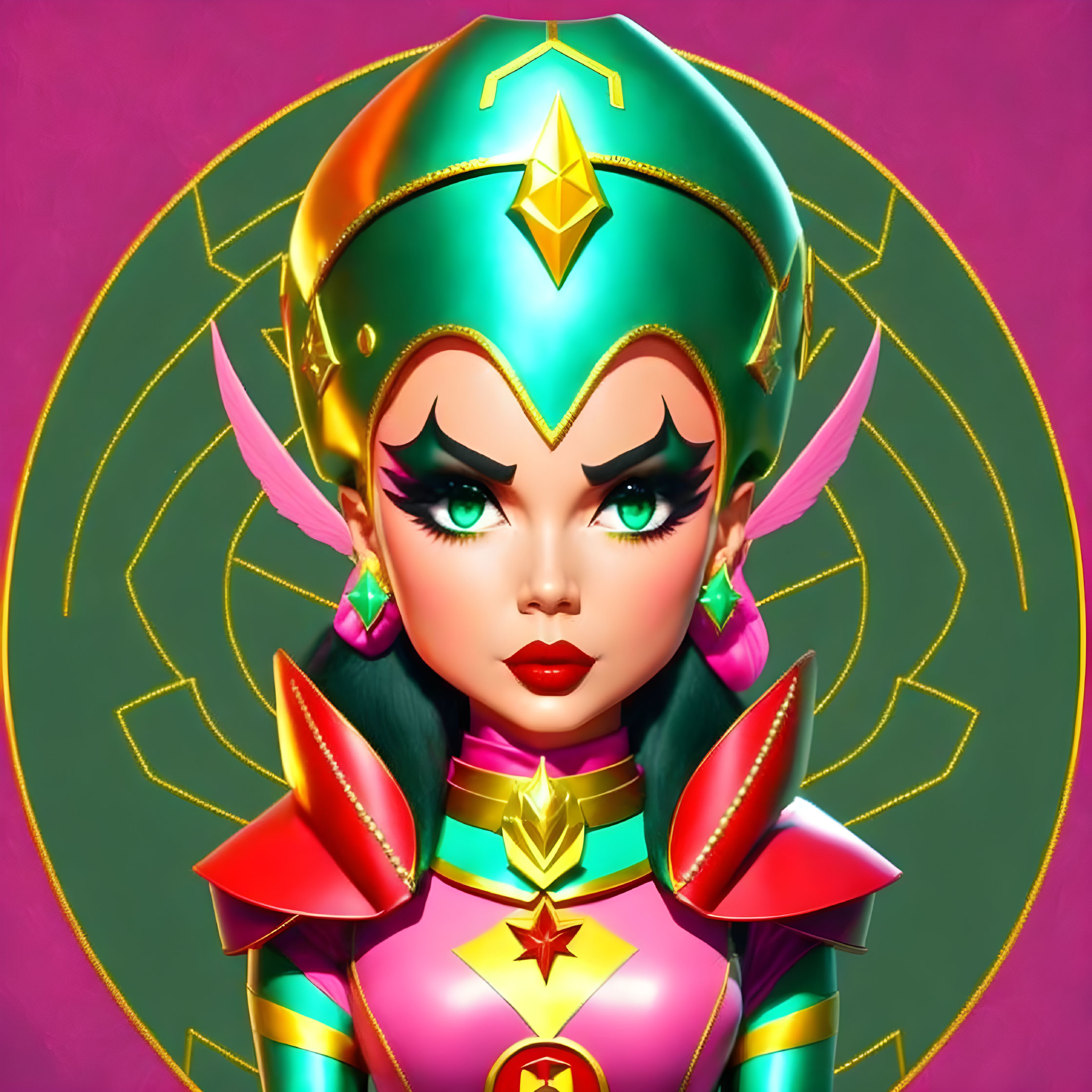 Exaggerated female character portrait with vibrant armor-like attire