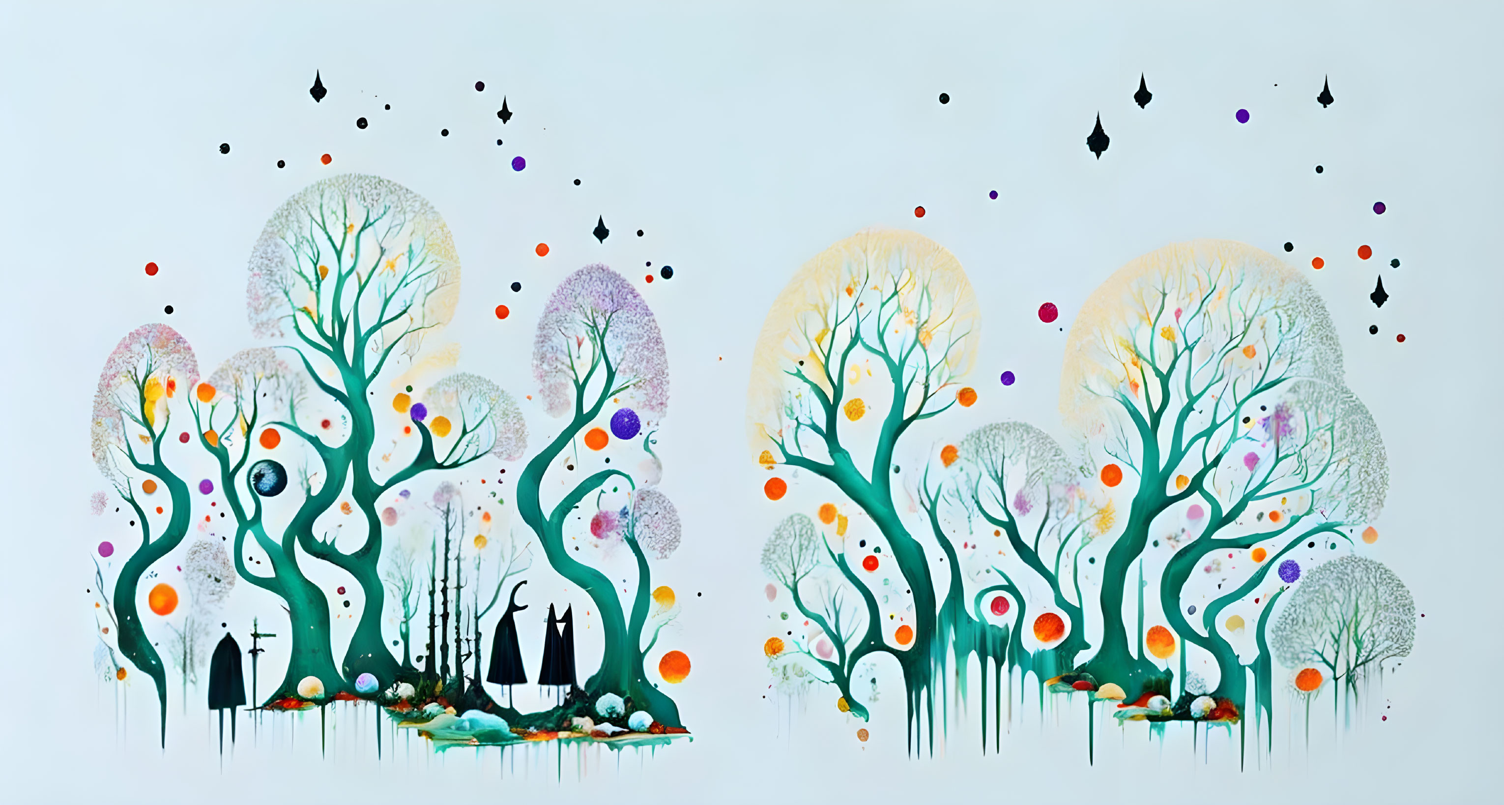 Colorful Stylized Trees with Whimsical Branches and Floating Droplets