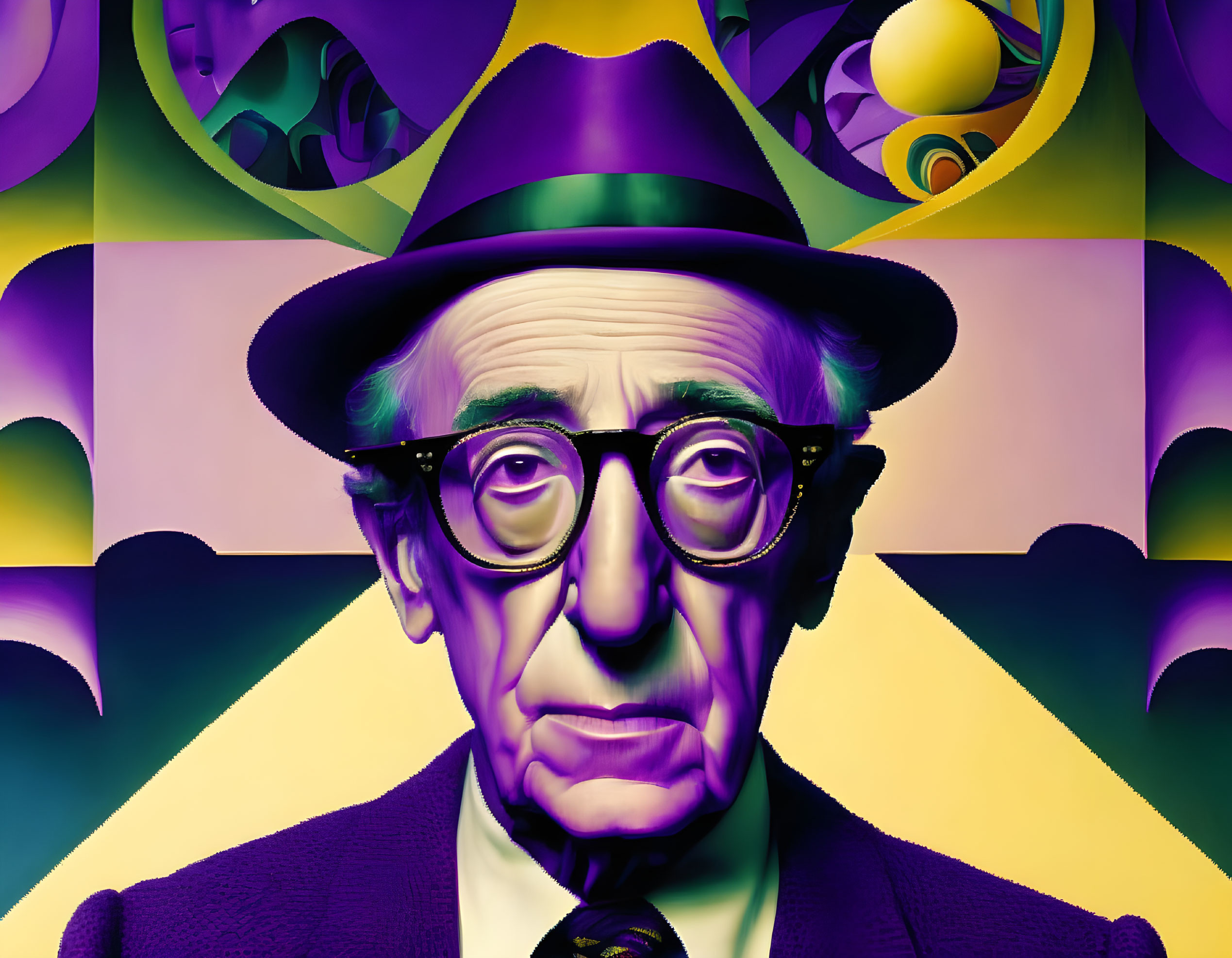 Colorful abstract background with man in hat, glasses, purple suit