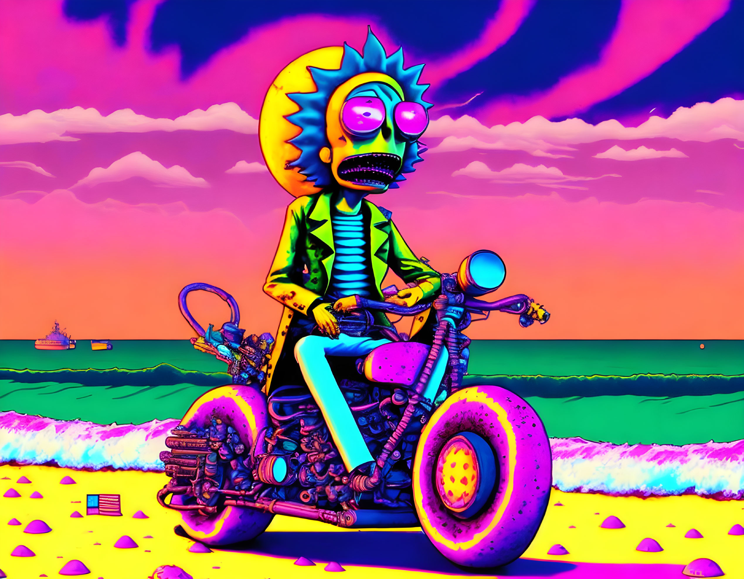 Colorful artwork: Rick on custom motorcycle at psychedelic beach.