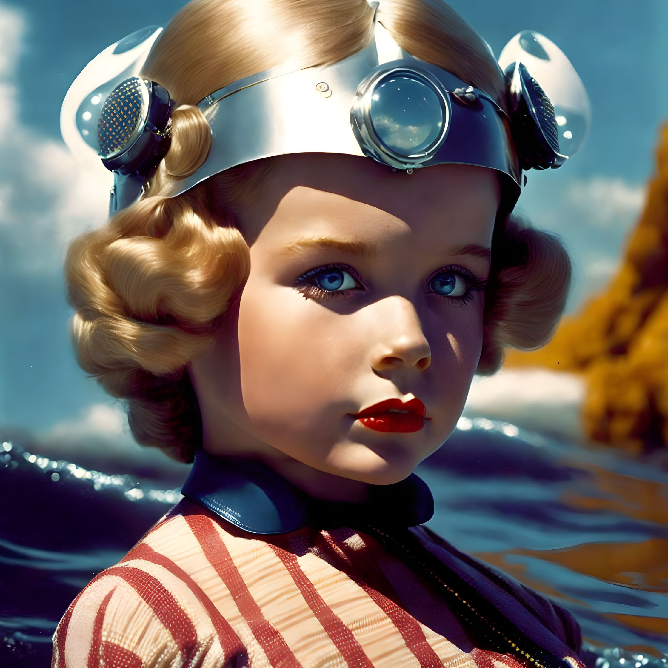 Blonde Curled Girl in Retro-Futuristic Helmet on Blue Background