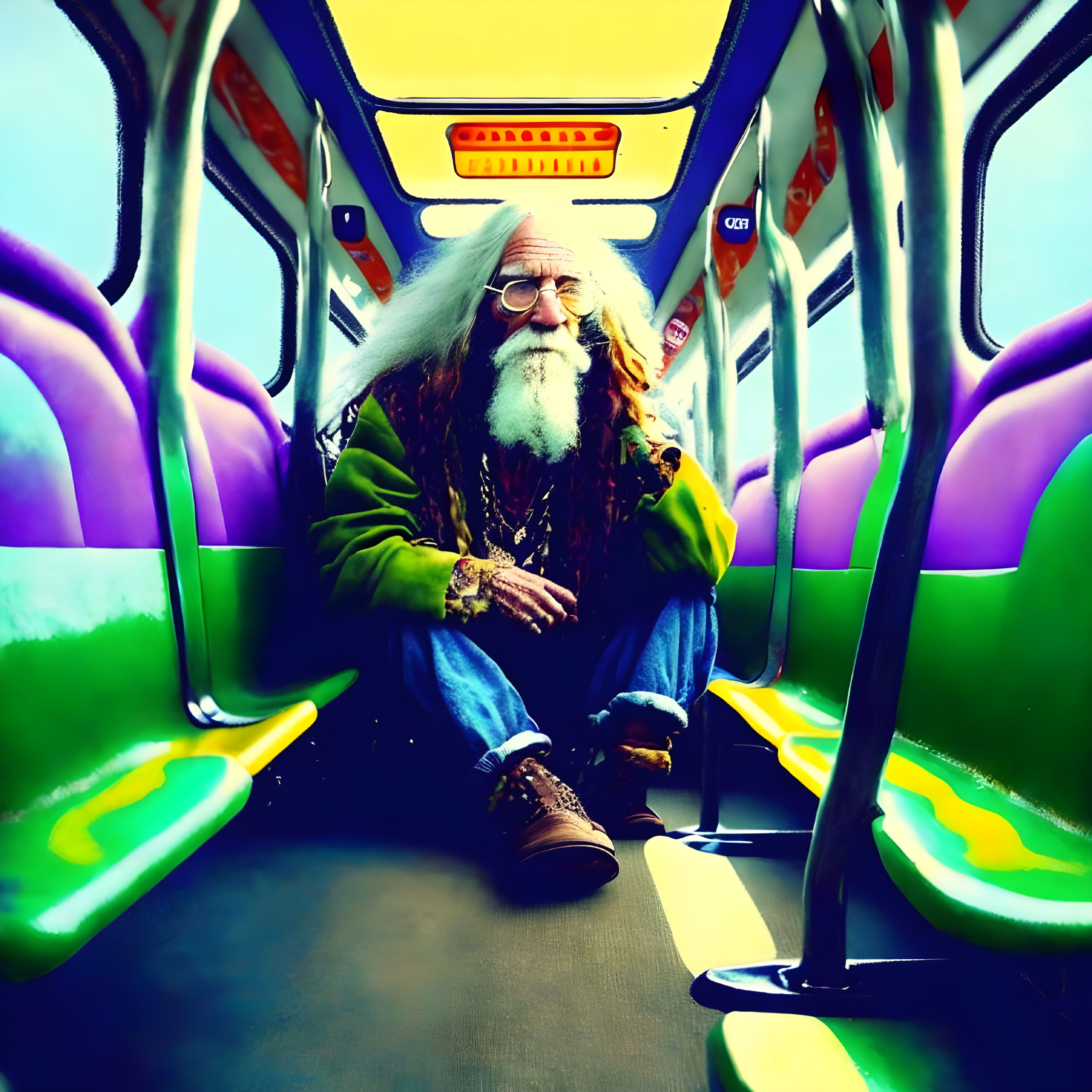 Elderly man in green jacket on colorful bus