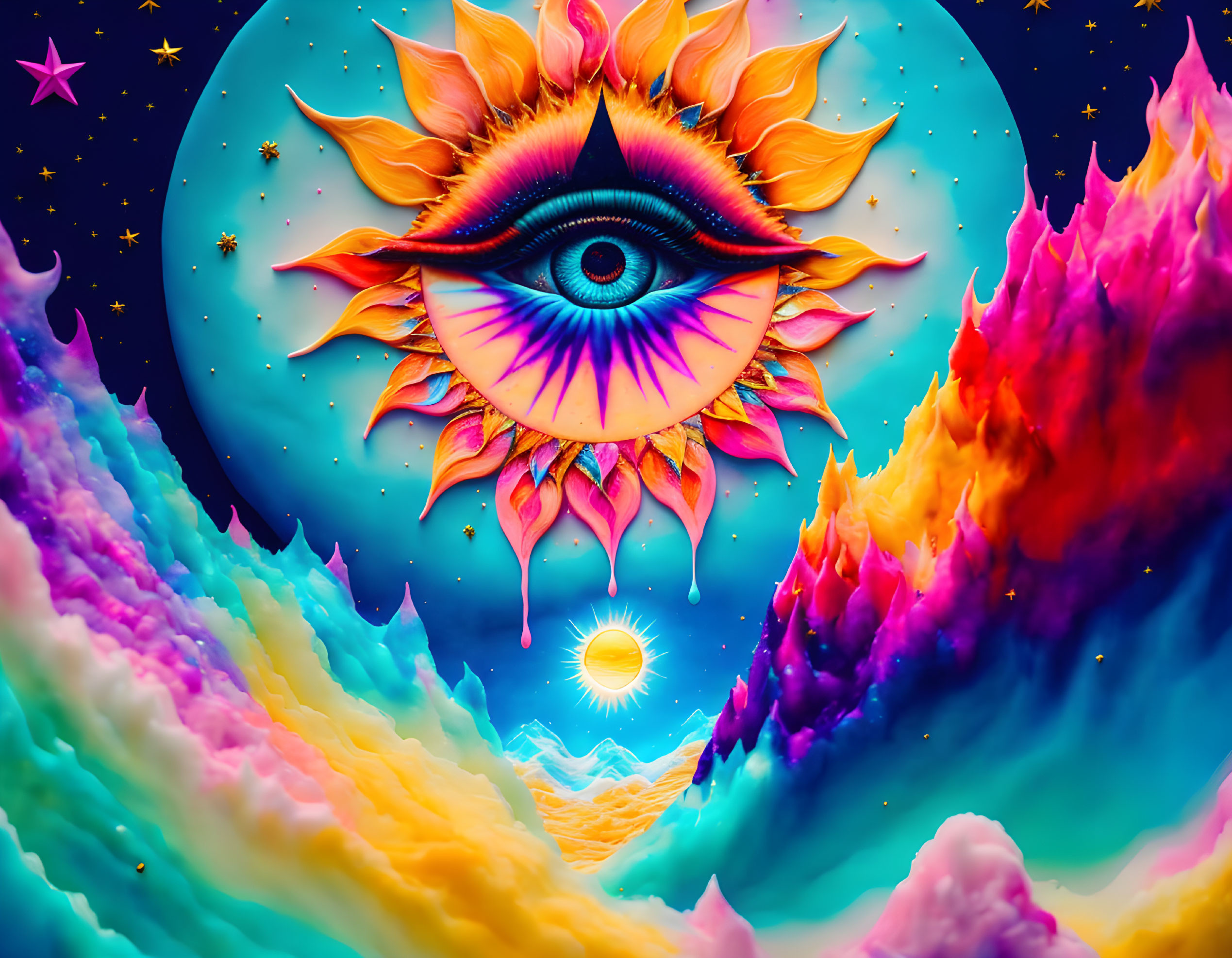 Colorful Digital Artwork: Central Eye, Fiery Petals, Cosmic Background