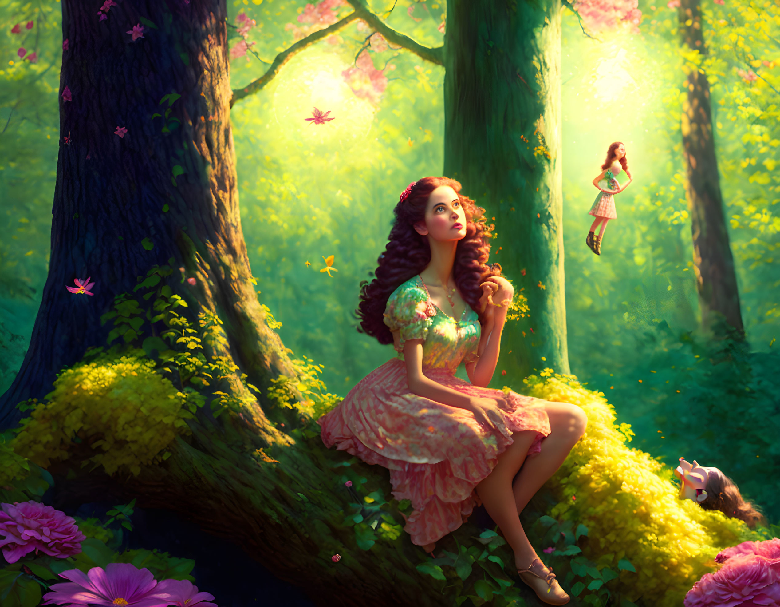 Woman in Pink Dress Sitting in Magical Forest with Butterflies and Floating Girl