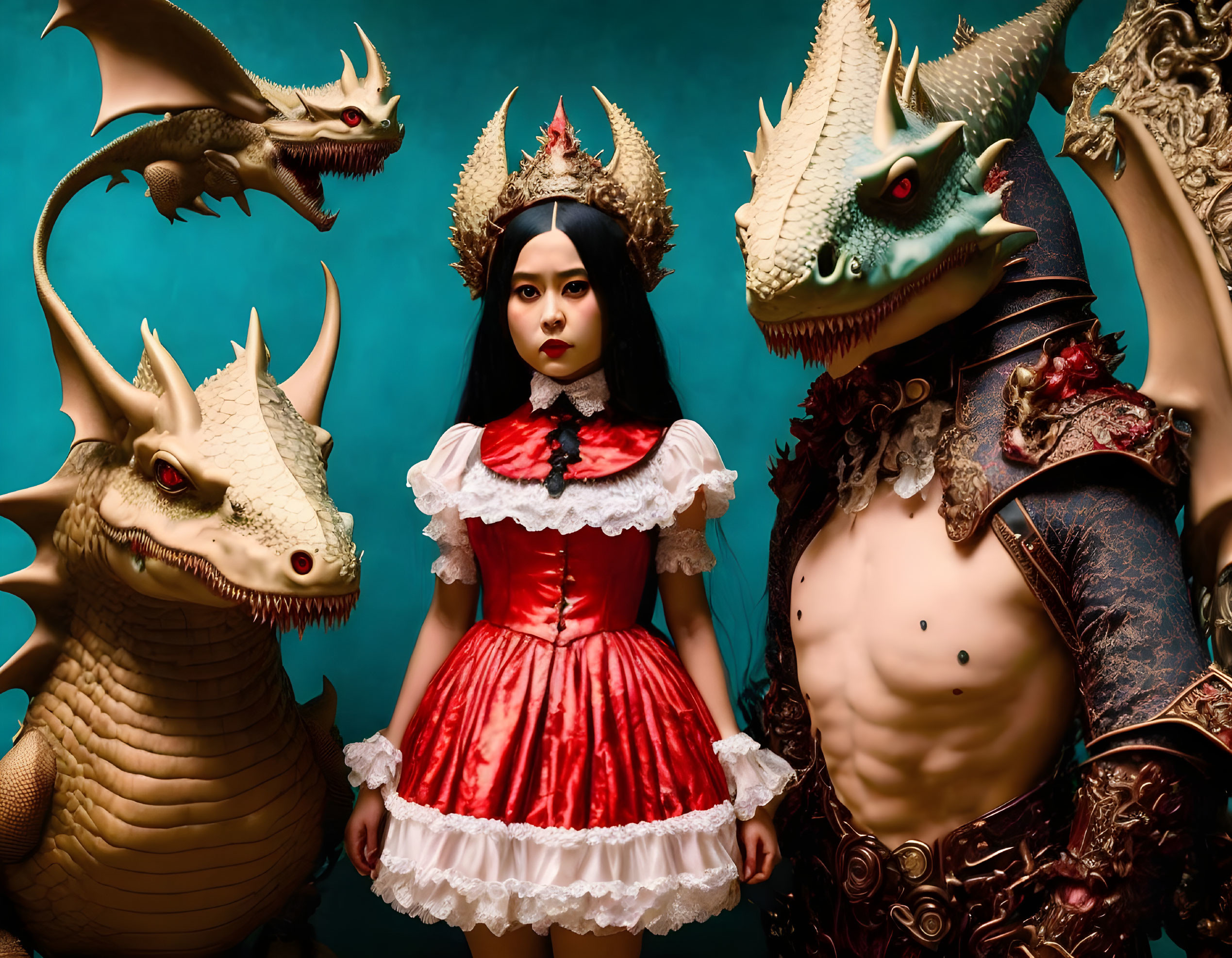 Woman in red and white dress with crown, surrounded by dragon figures on teal background