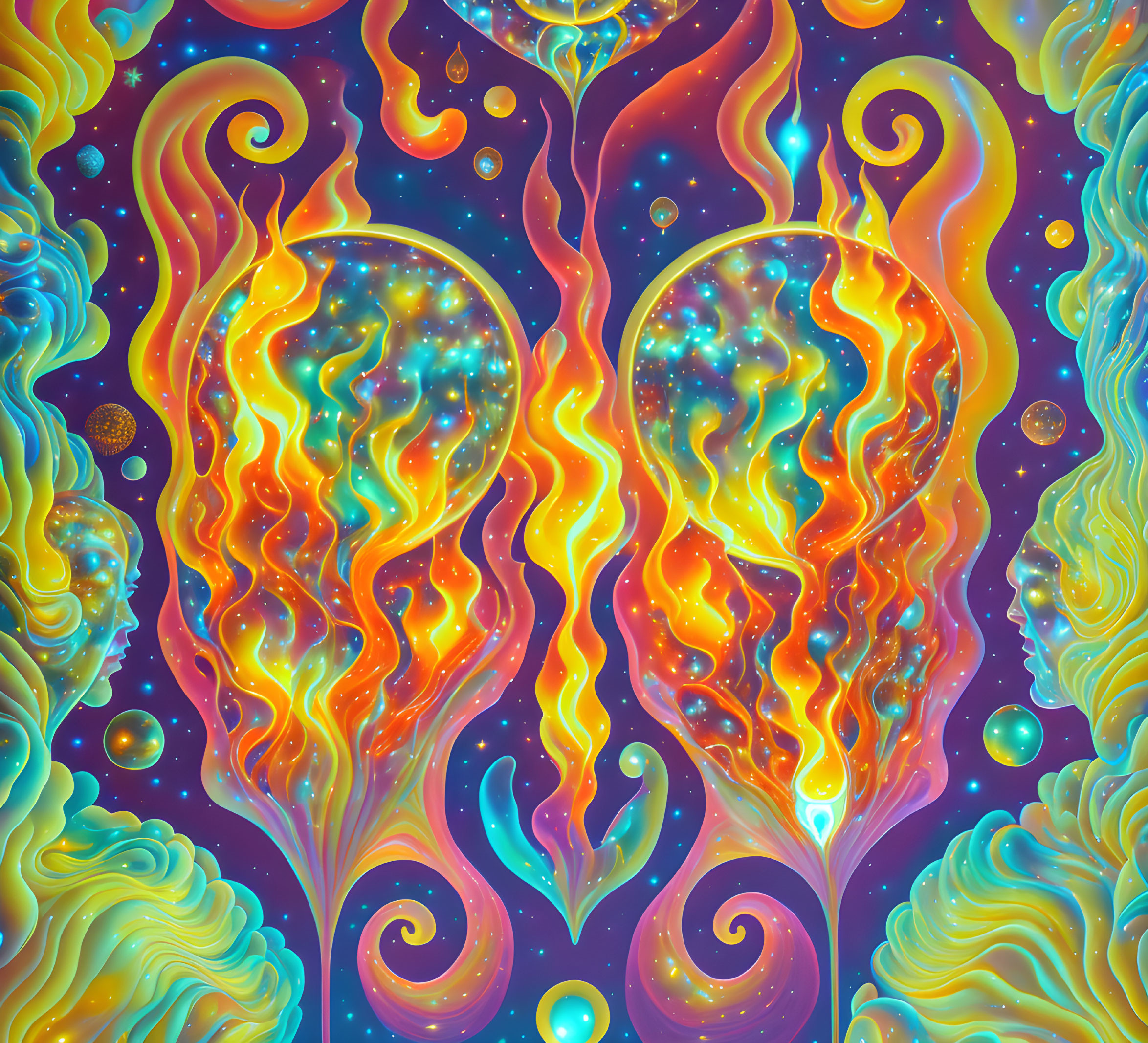 Colorful psychedelic artwork with flame-like patterns and cosmic motifs