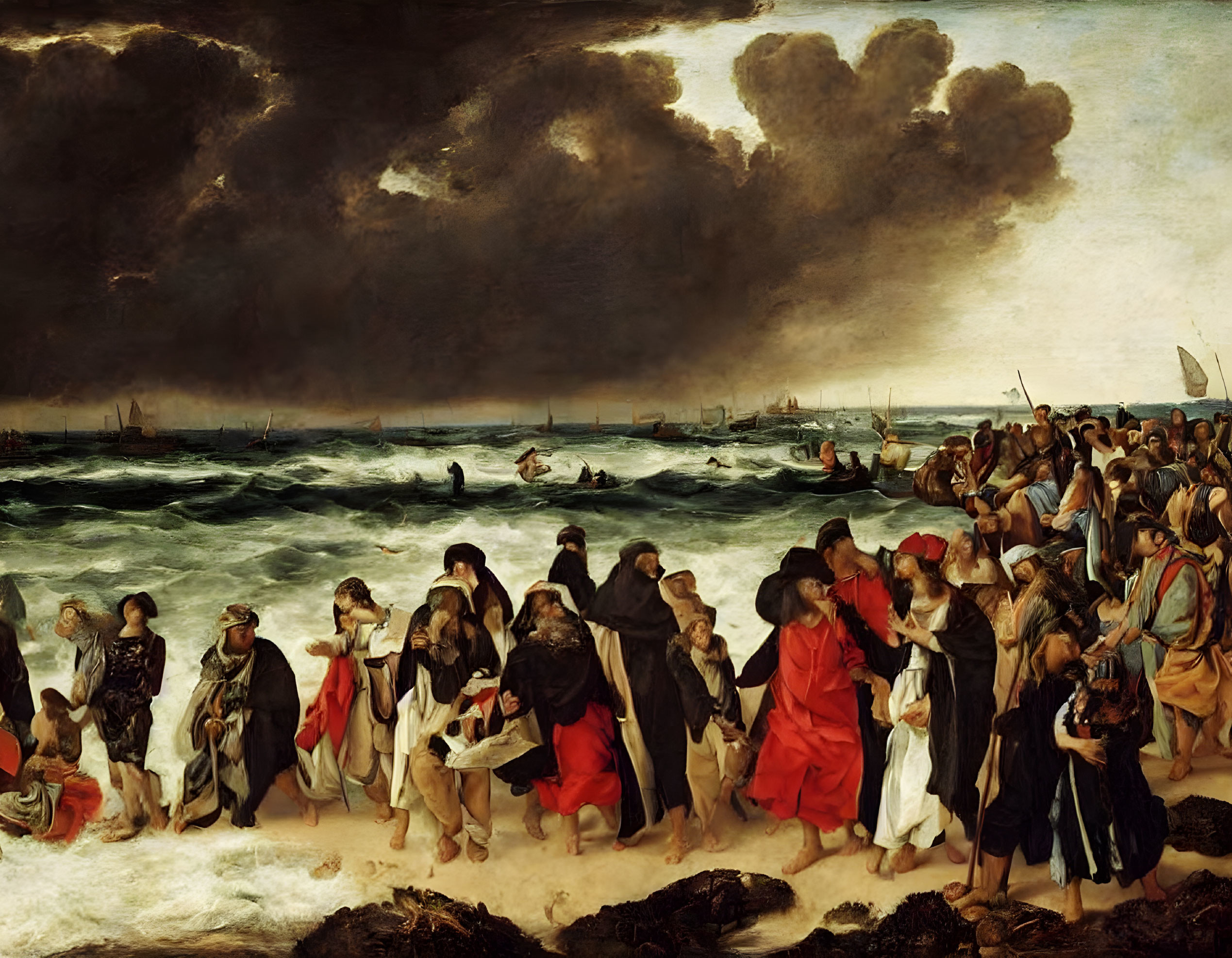 Turbulent sea painting with crowd in period attire