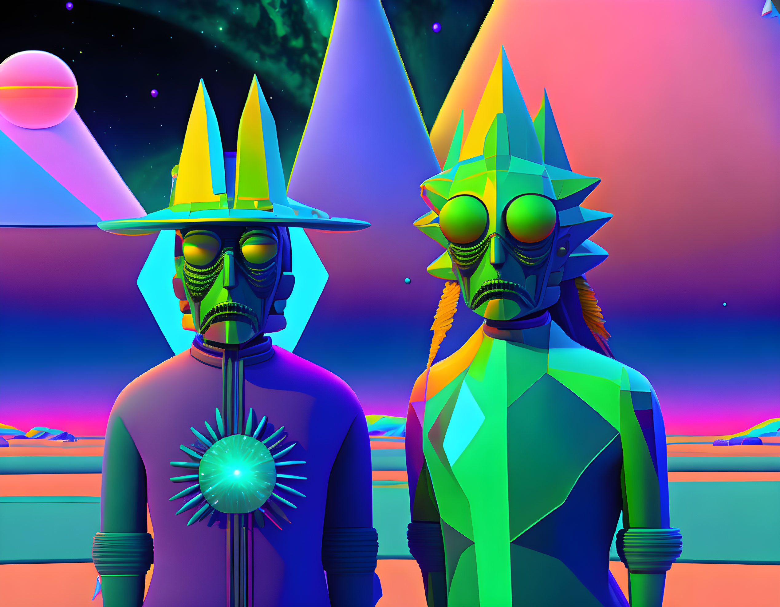 Futuristic stylized figures in pointy hats on colorful alien landscape