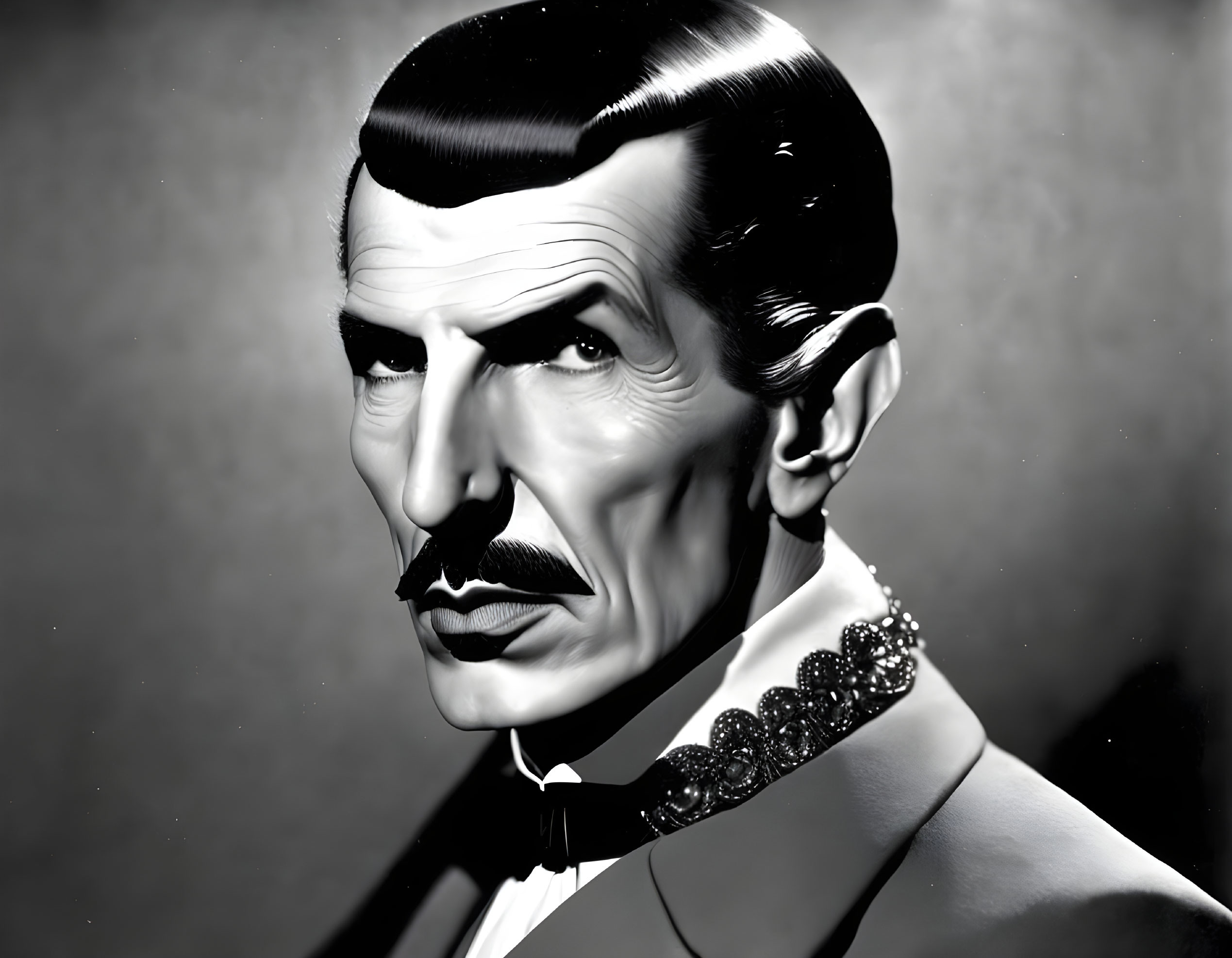 Monochrome portrait of a man with slicked-back hair, mustache, and bow tie