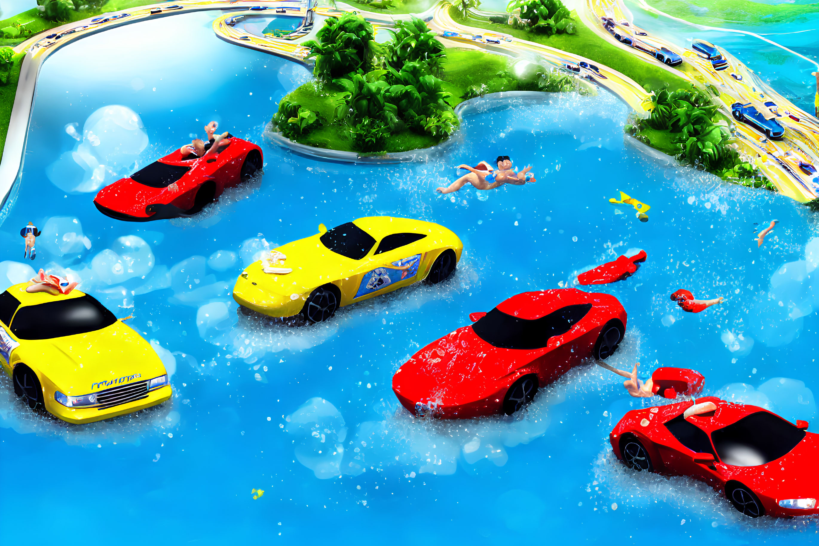 Colorful Toy Cars and Cartoon Characters in Water Scene