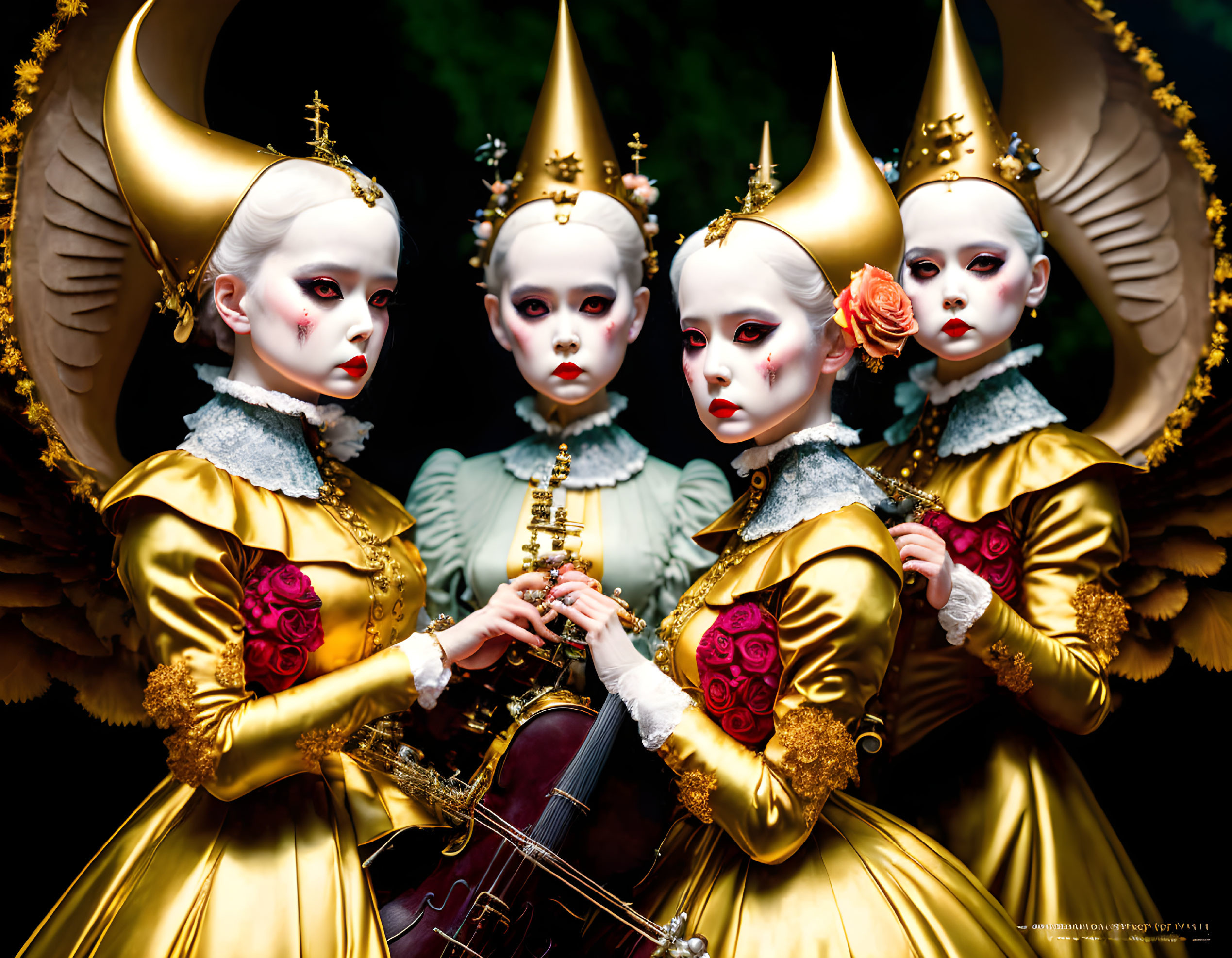 Four individuals in ornate gold and white costumes with dramatic makeup, crowns, and wing-like accessories