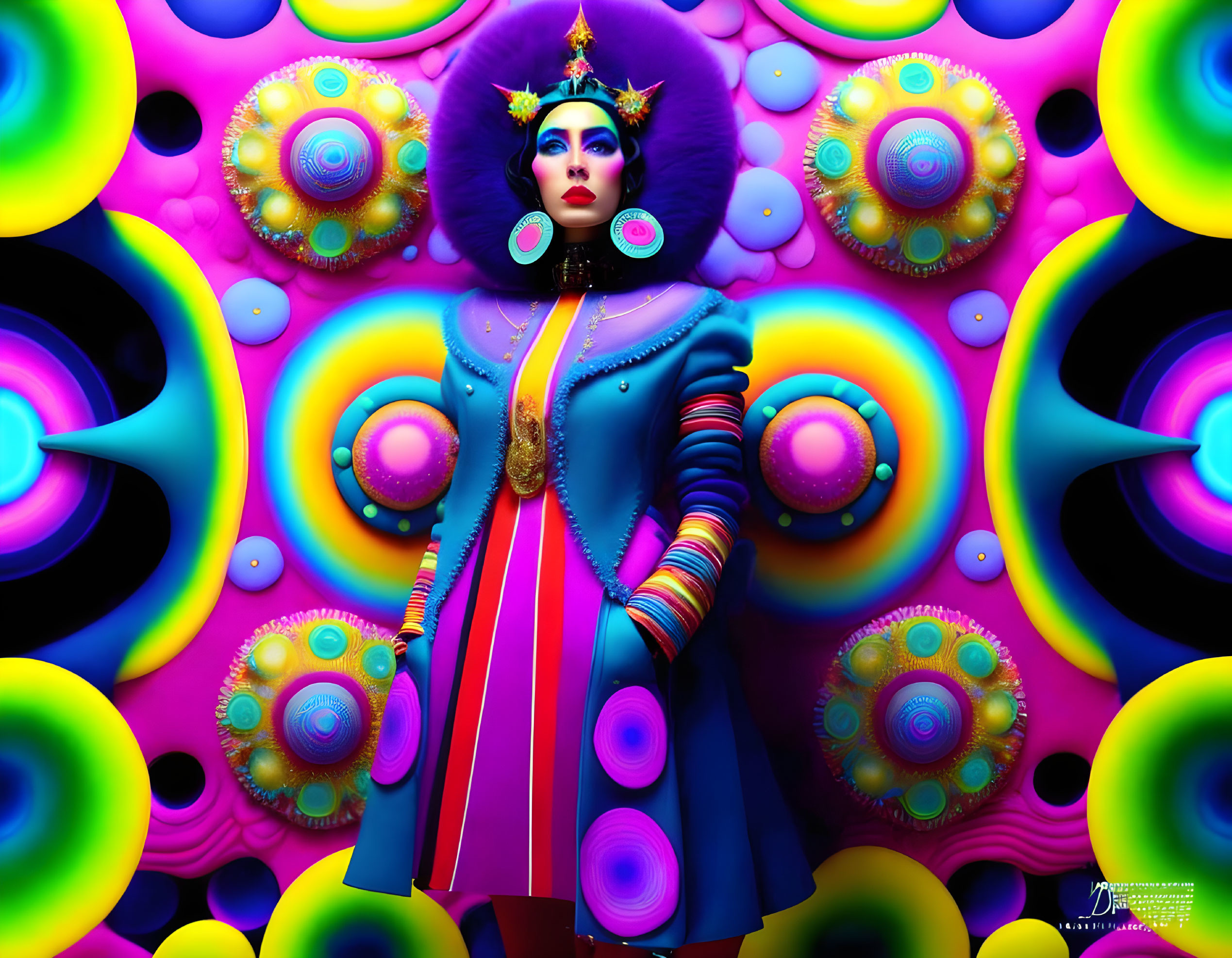 Colorful digital artwork: stylized woman in vibrant coat and headdress with abstract patterns