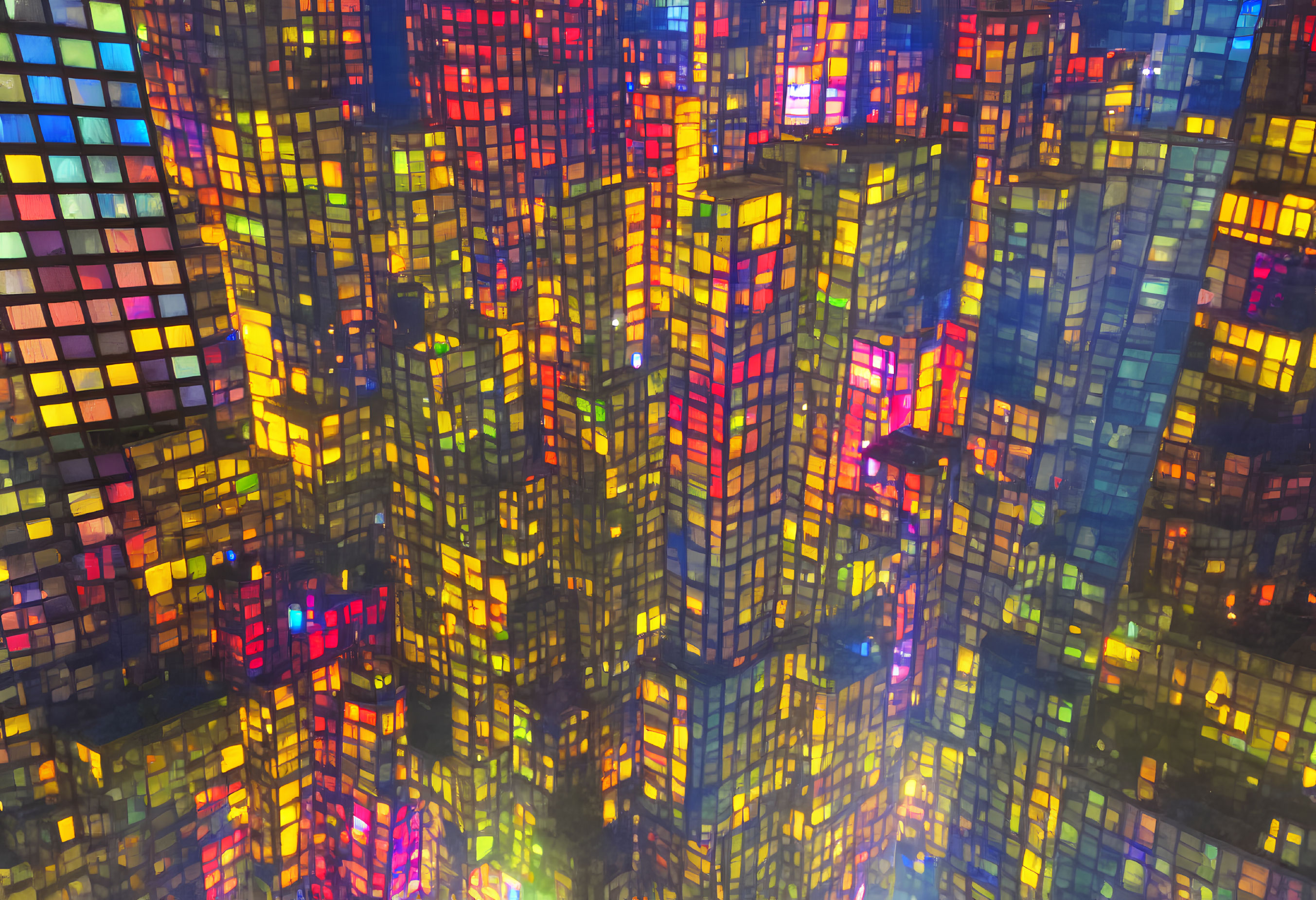 Colorful Abstract Cityscape with Illuminated Skyscrapers at Night