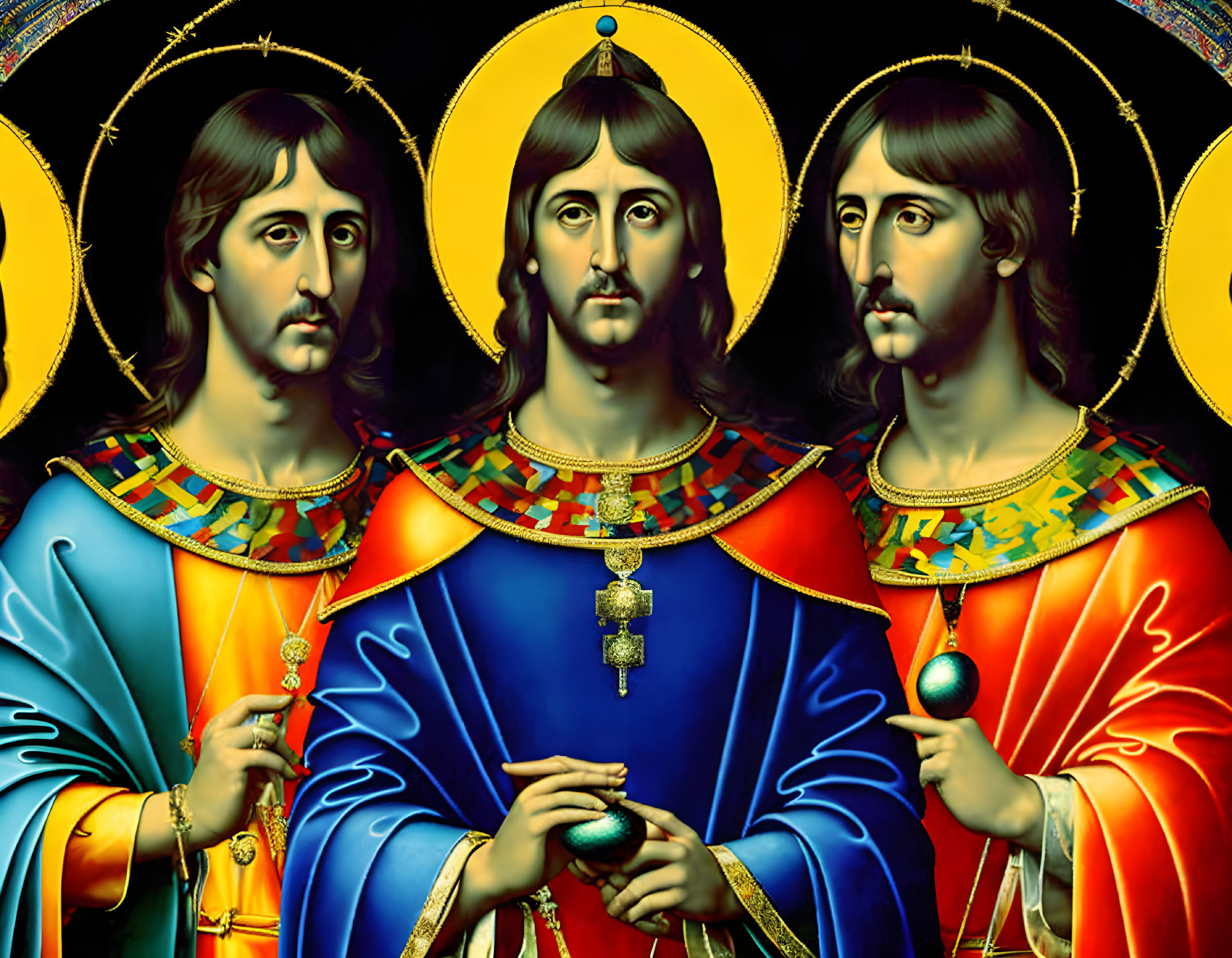 Byzantine art: Three figures in halos, blue and gold robes