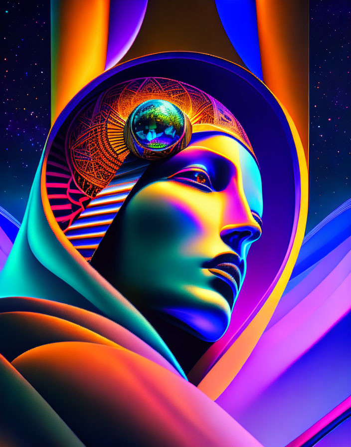 Futuristic humanoid digital art with cosmic theme