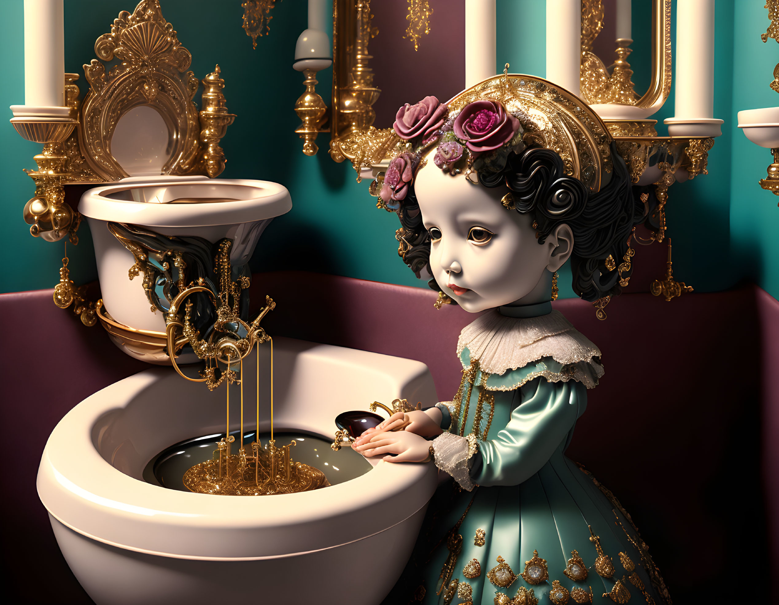 Melancholic girl with rose hair adornments by golden faucet in ornate room