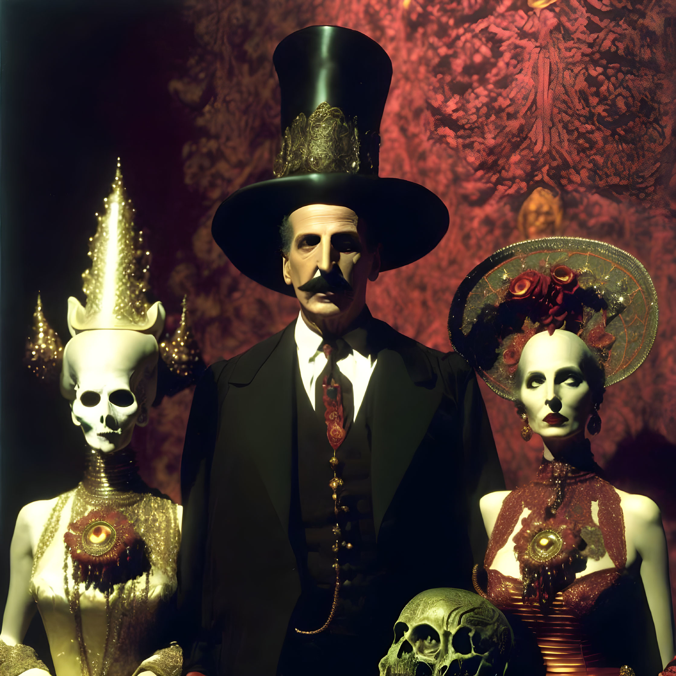 Man in Top Hat with Skull-Faced Figures on Red Patterned Background