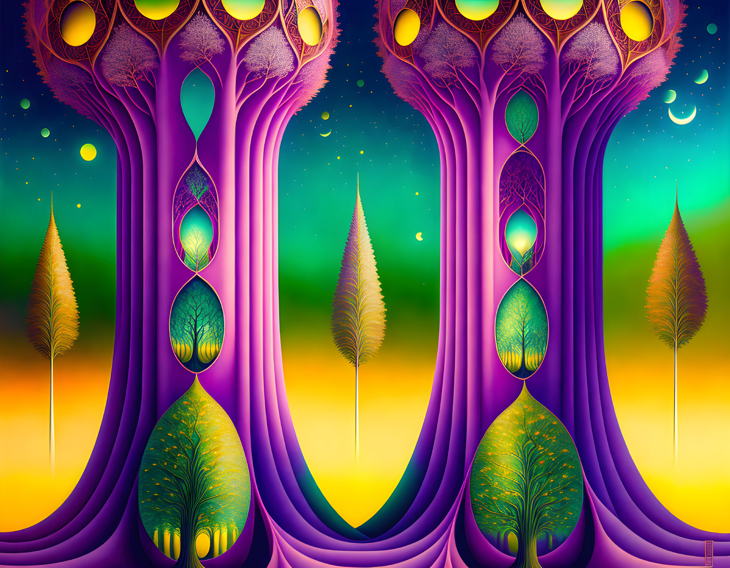 Colorful Fantasy Landscape with Purple Trees and Celestial Sky