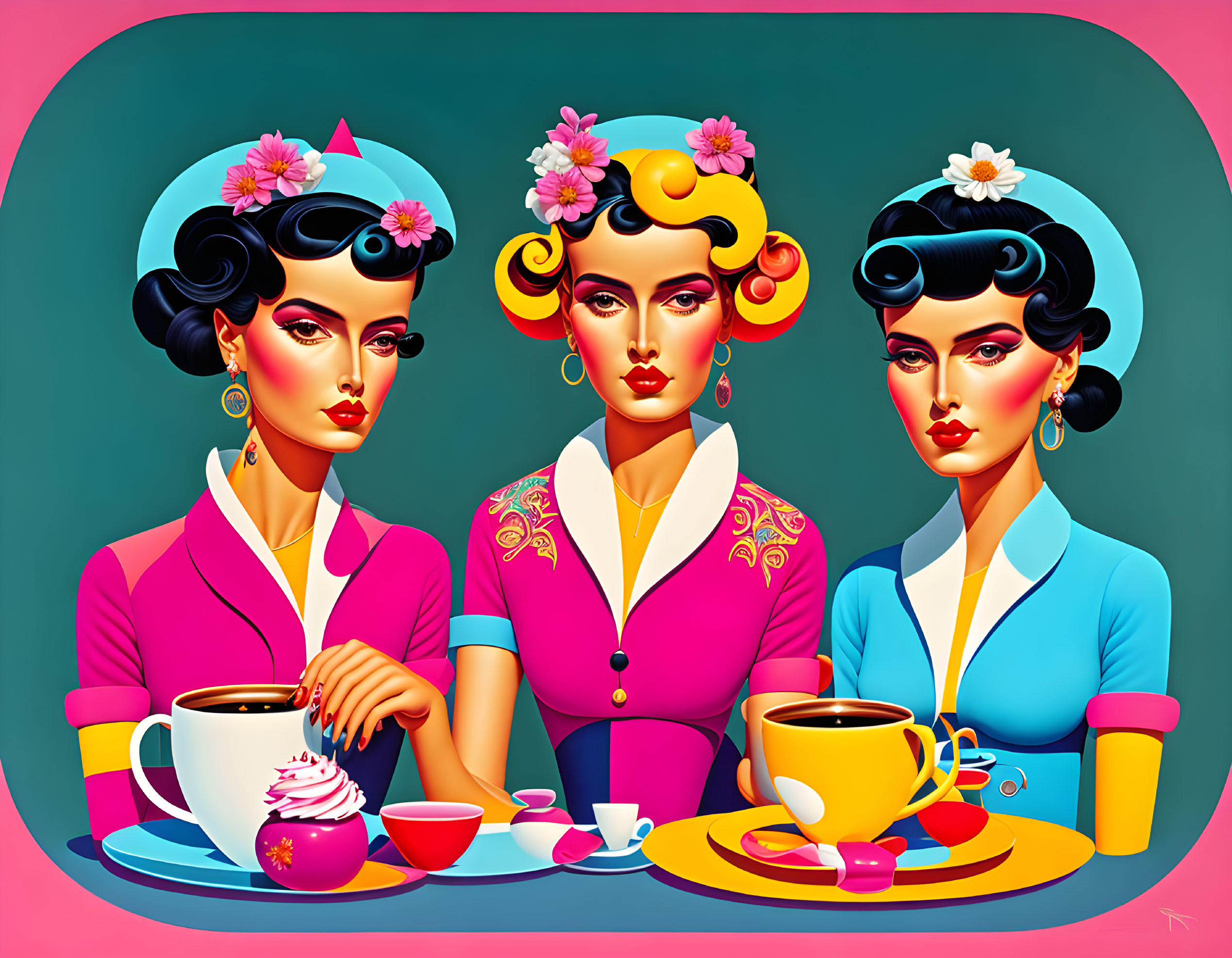 Three women in colorful retro outfits with vibrant hair and makeup at a table with coffee cups and a cup