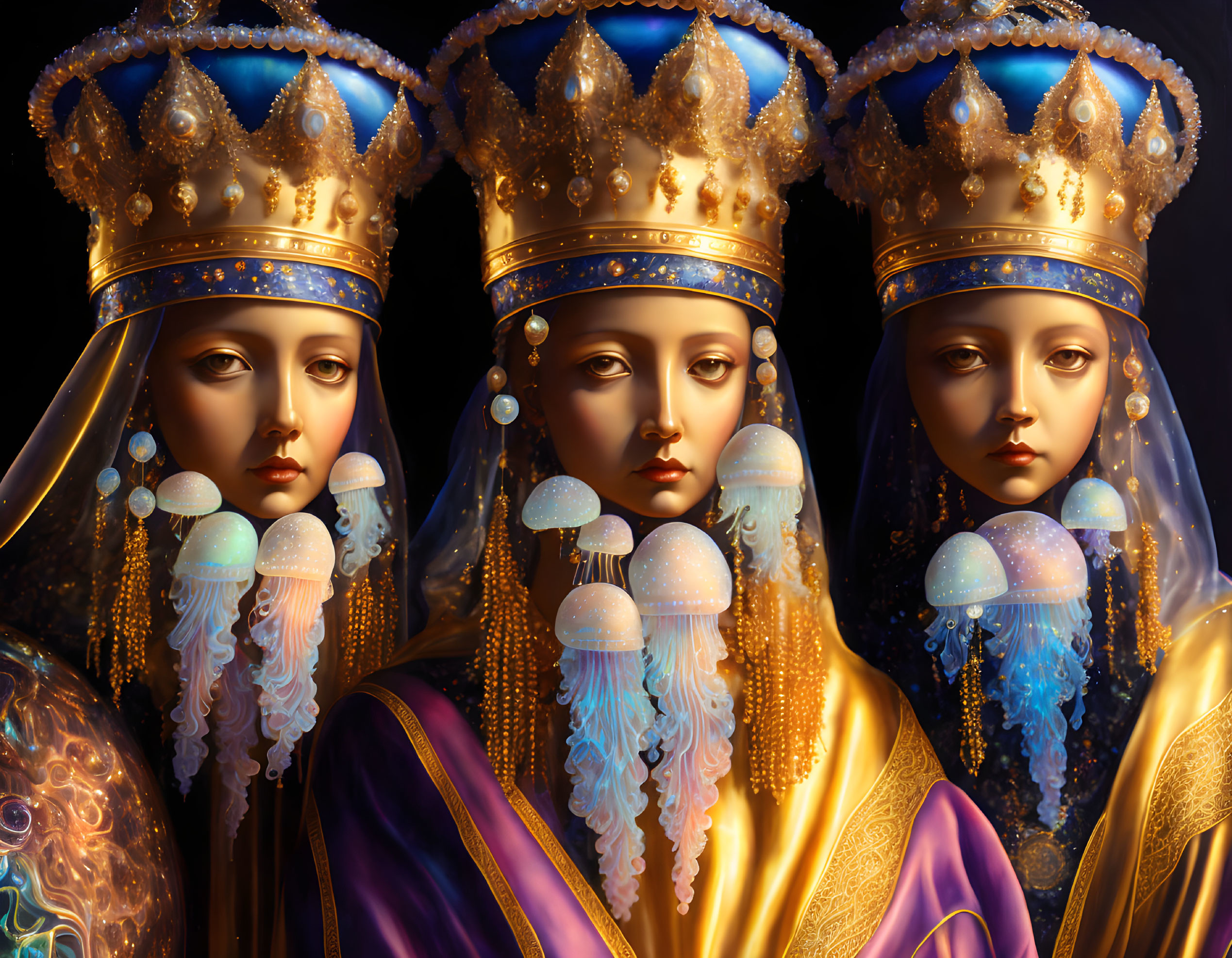 Golden ornate figures in regal attire on dark background: mystical aura.